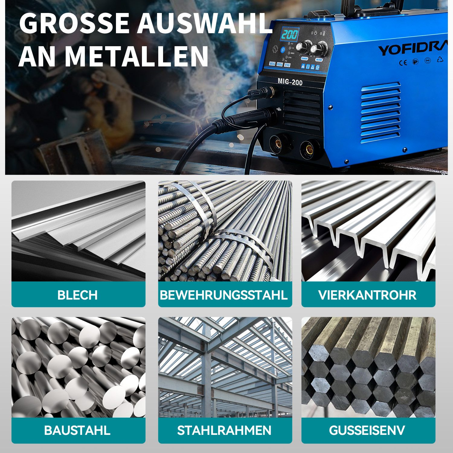 Schweißgerät und verschiedene Metallmaterialien: Blech, Bewehrungsstahl, Vierkantrohr, Baustahl, Stahlrahmen, Gusseisen.