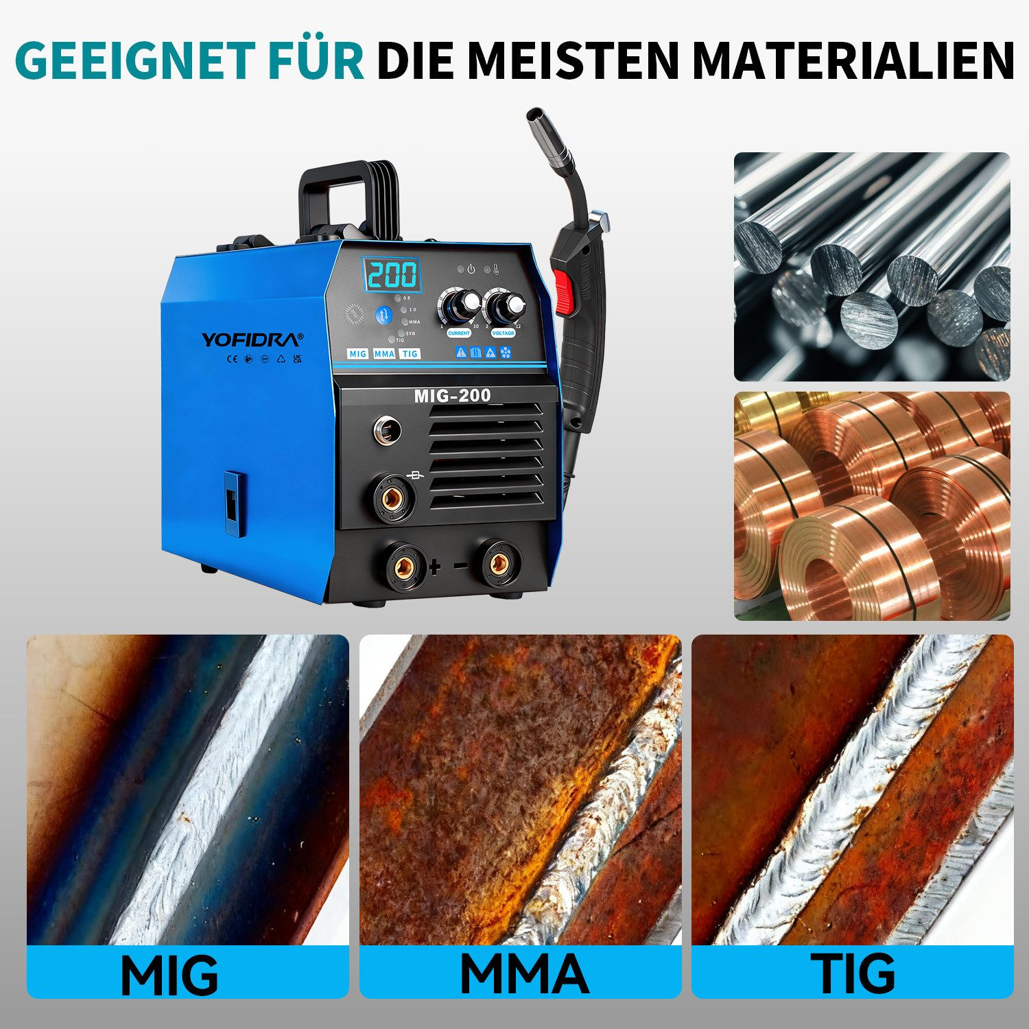 Schweißgerät mit Metallstäben und Kupferrollen. Nahaufnahmen von Schweißnähten.