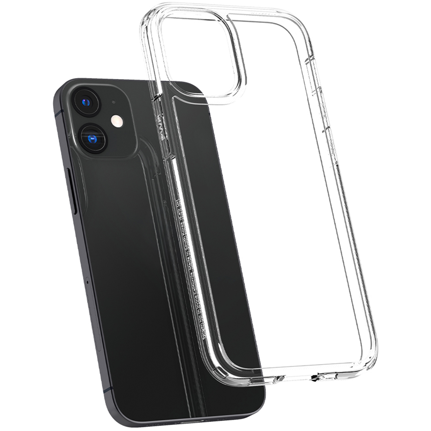 Czarny smartfon obok przezroczystego etui na telefon.