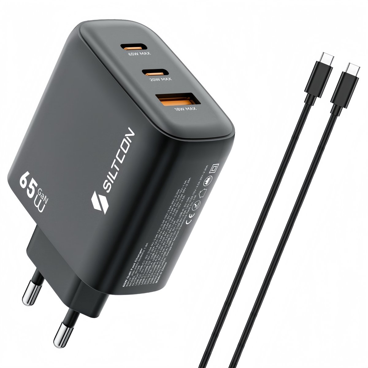 Zwarte 65W GaN snellader met drie USB-C poorten en twee kabels.
