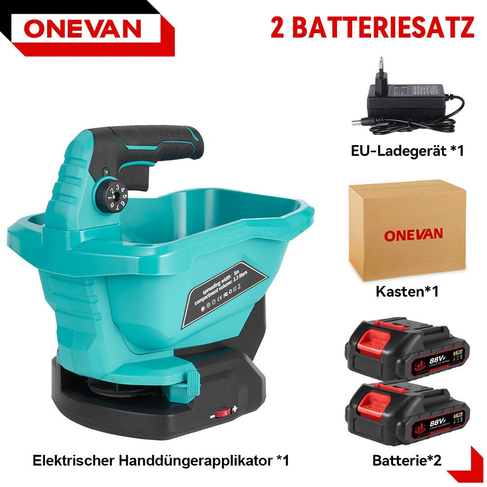 Türkisblauer Handdüngerstreuer mit schwarzem Griff, EU-Ladegerät, Kasten, 2 Batterien.