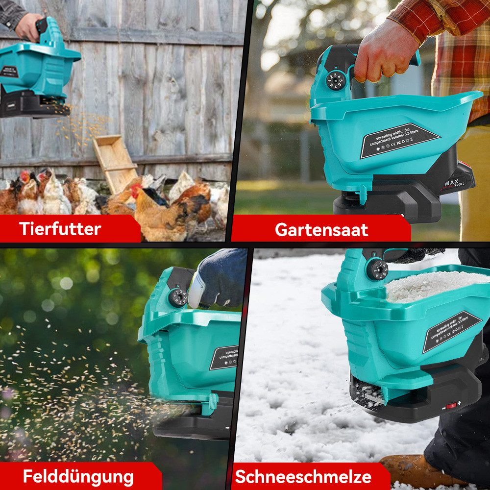 Vier Bilder: Füttern von Hühnern, Rasen säen, Feld düngen, Schnee schmelzen.