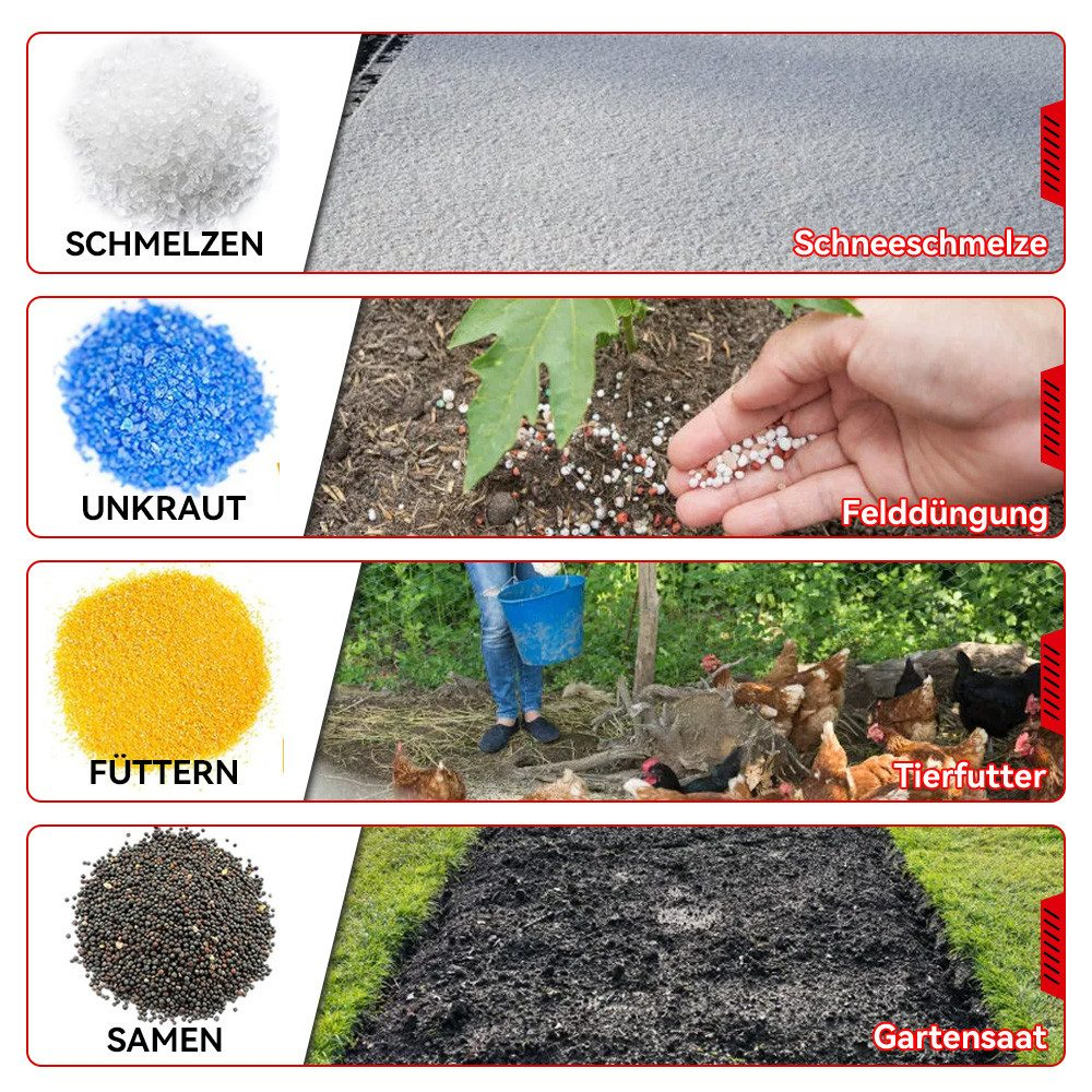 Vier Bilder zeigen: weiße Kristalle, blaue Körner, gelbes Pulver, schwarze Samen.