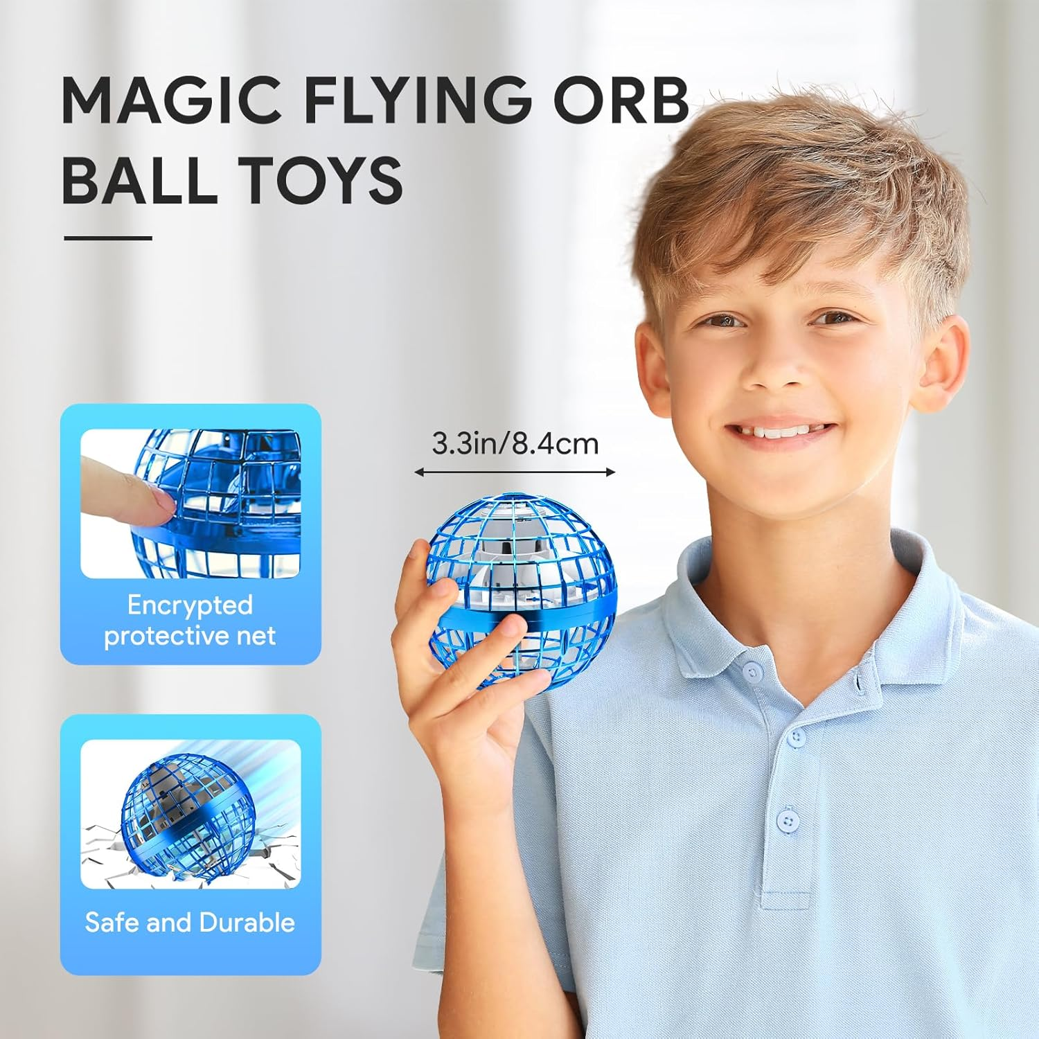 Un ragazzo tiene un giocattolo a sfera blu in gabbia. Testo: MAGIC FLYING ORB BALL TOYS.