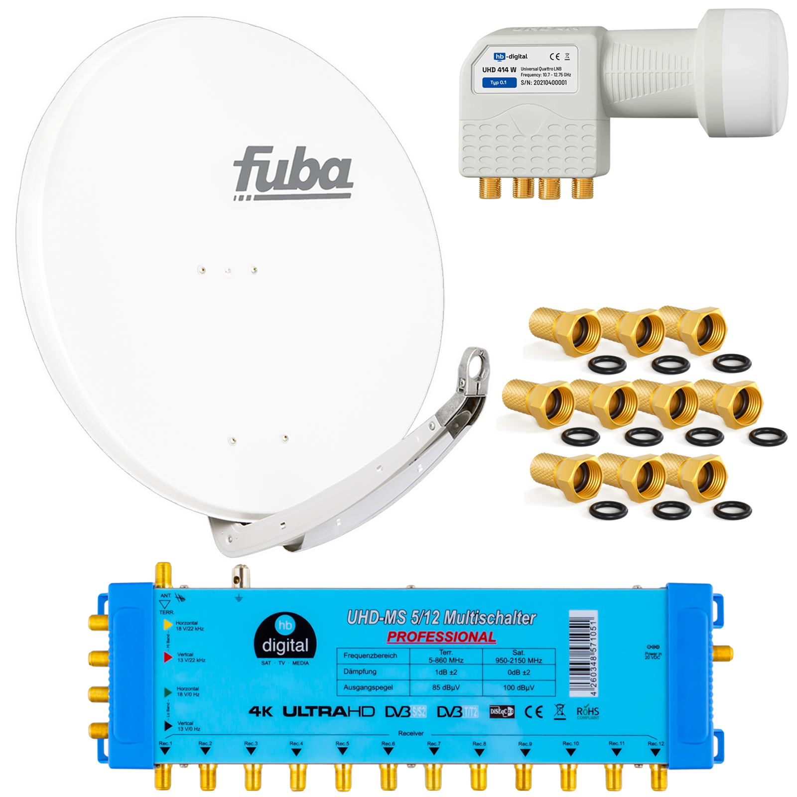 Satellitenschüssel, LNB, Multischalter und F-Steckverbinder auf weißem Hintergrund.
