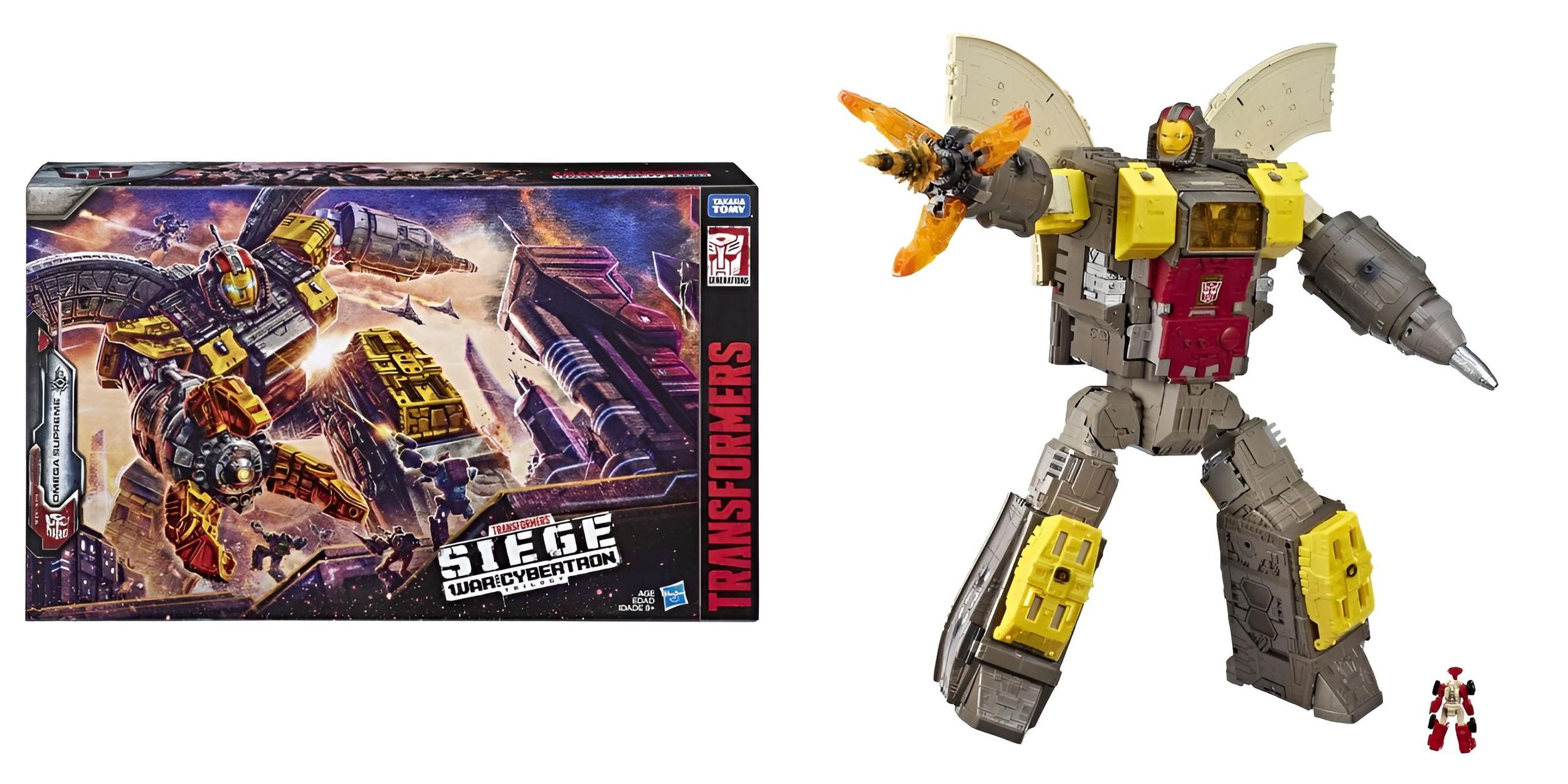 Ein Spielzeug-Transformer in Grau, Rot und Gelb steht neben seiner Verpackung.