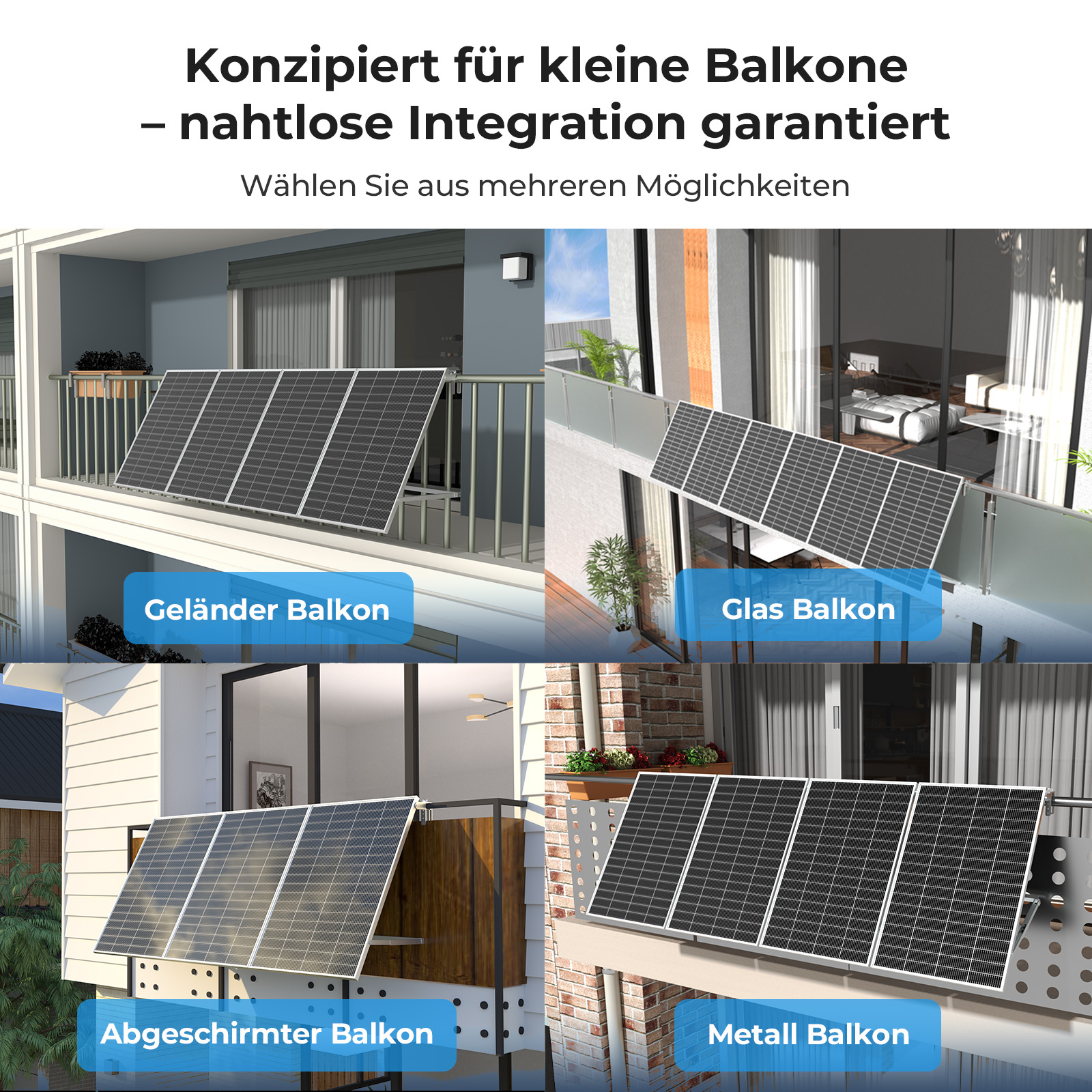 Solarpanels auf vier verschiedenen Balkontypen: Geländer, Glas, abgeschirmt und Metall.