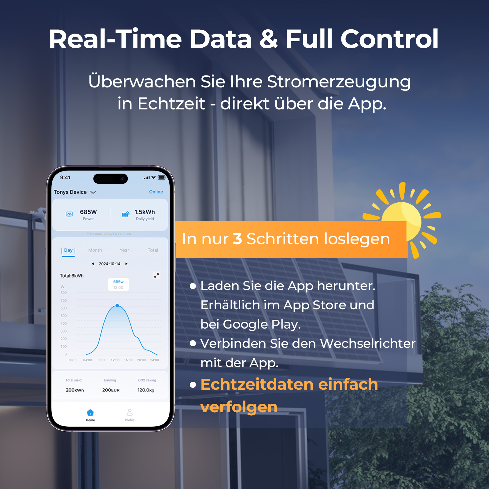 App zeigt Solarstrom-Daten: Leistung, Ertrag, App-Store-Links, Wechselrichter-Verbindung.