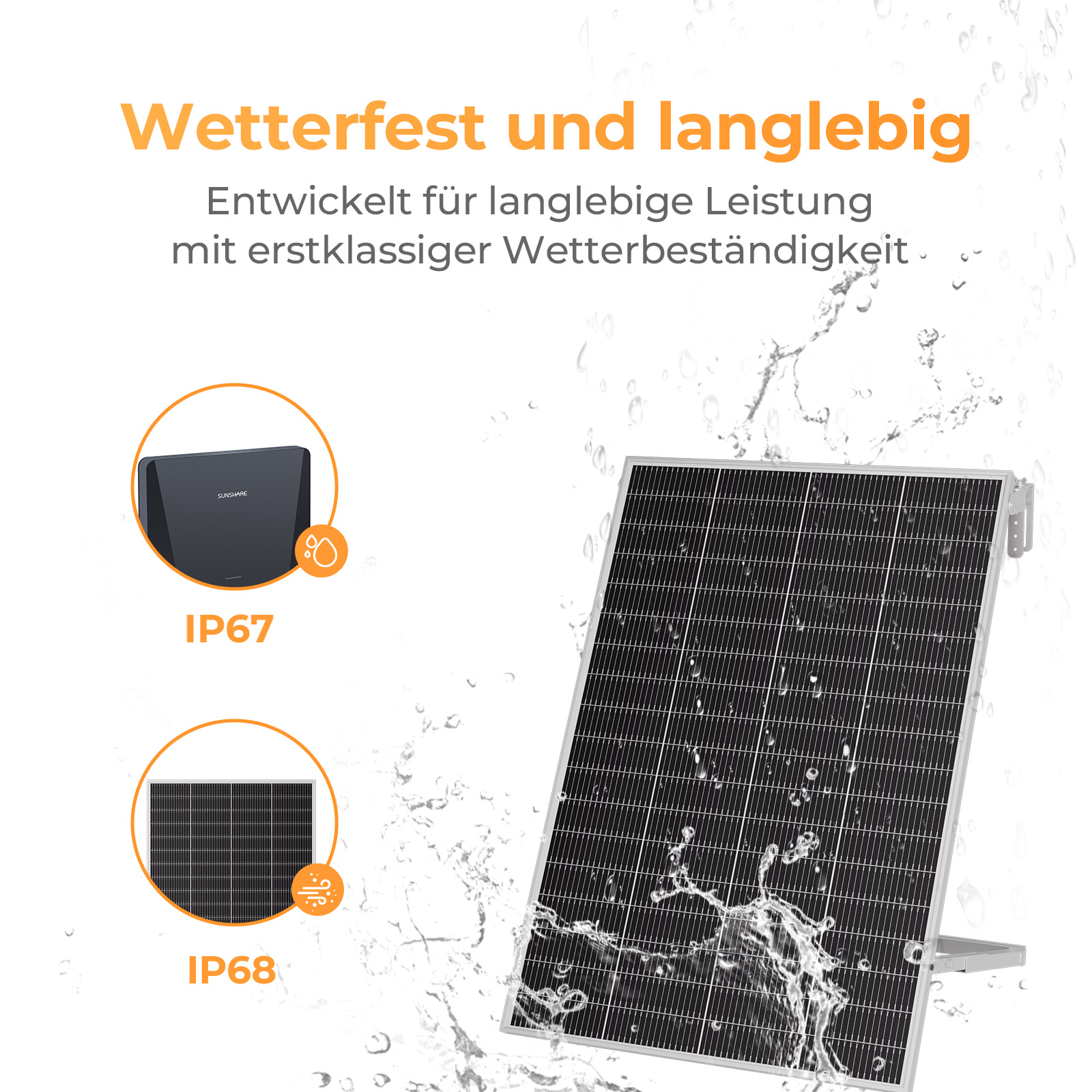 Ein Solarpanel und ein wetterfestes Gehäuse mit IP67 und IP68.