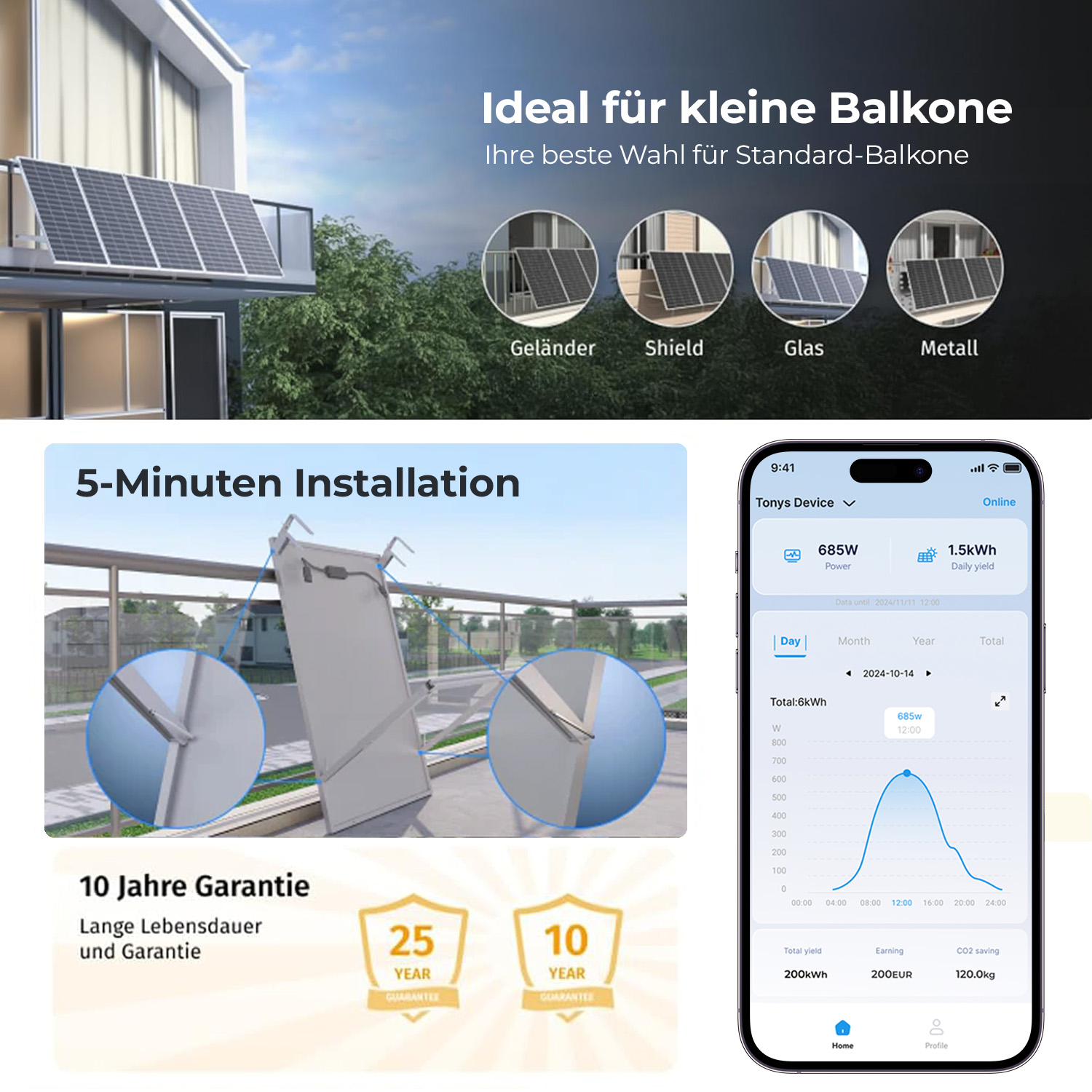 Balkon-Solaranlage mit Montageanleitung, Garantie und App-Daten.