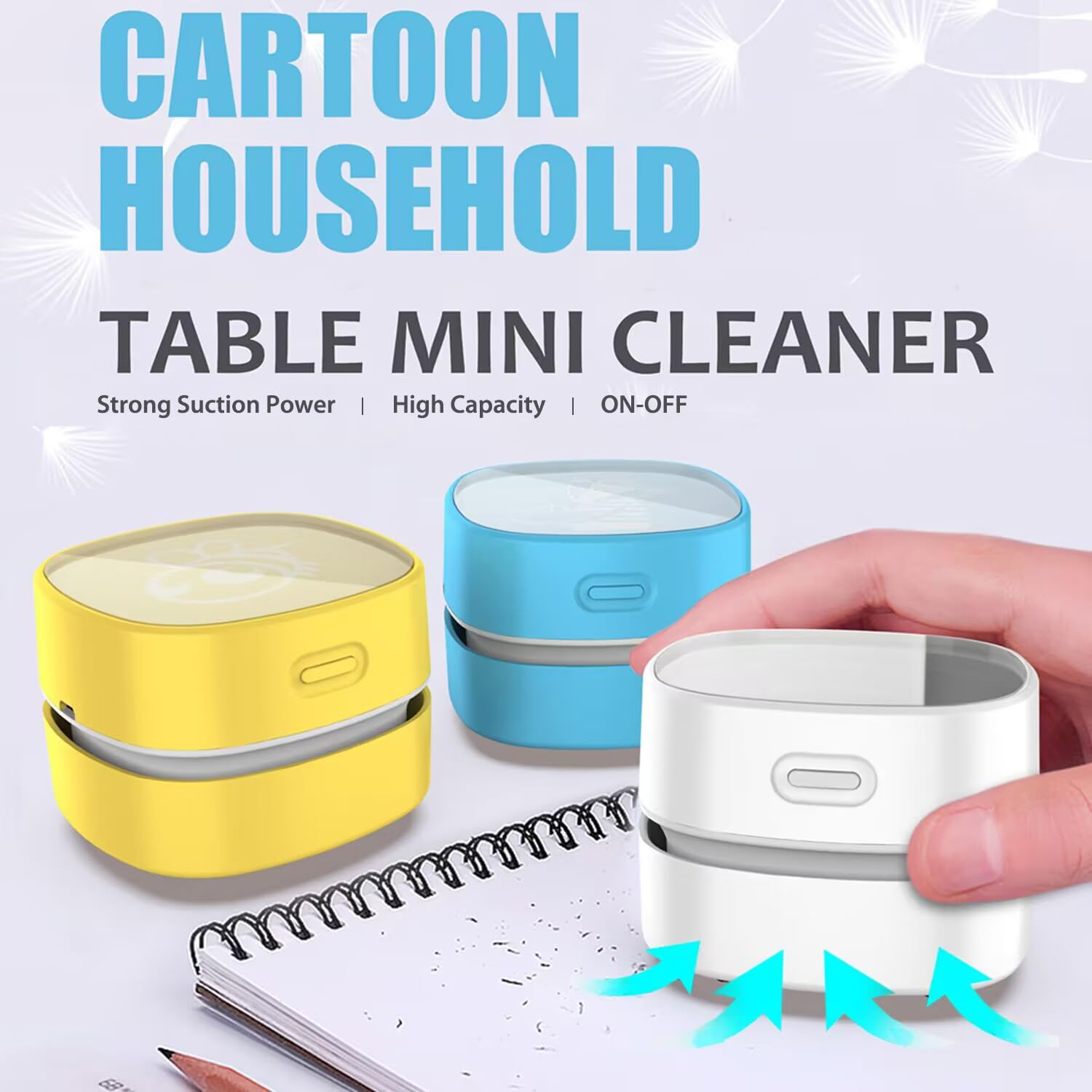 Drei Tischreiniger in Gelb, Blau und Weiß mit Pfeilen, die Luft absaugen.