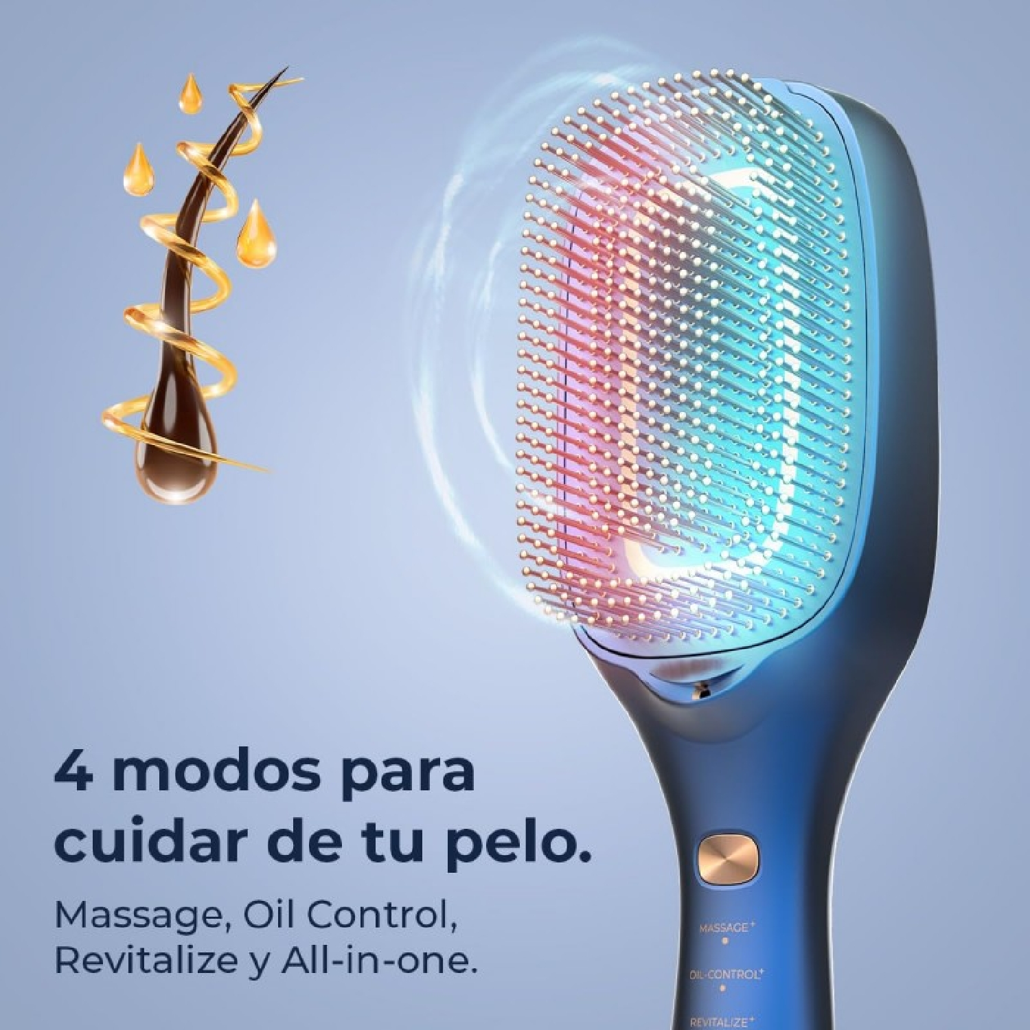 Un dispositivo blu per lo styling dei capelli con capelli e gocce d'olio. 4 modalità.