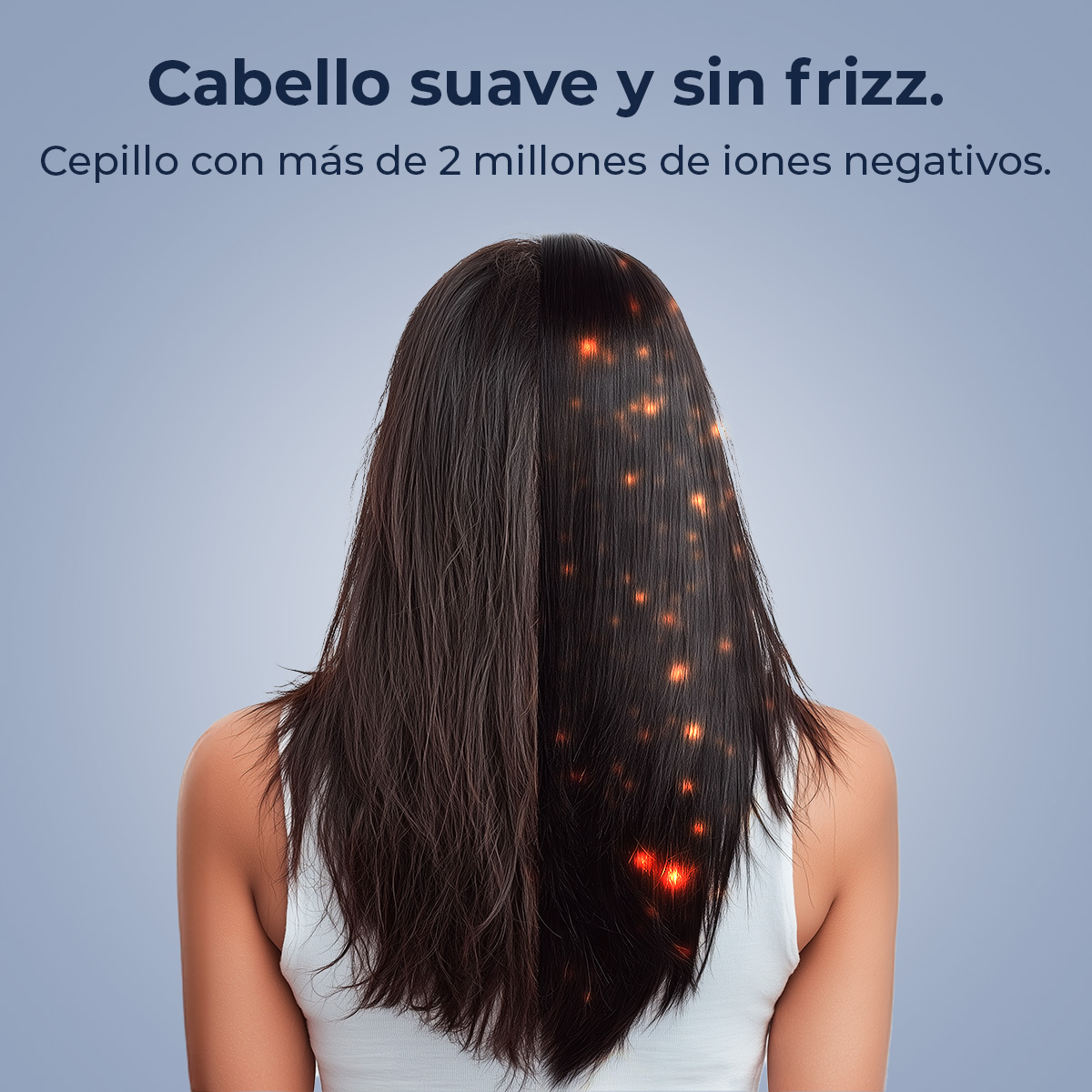 Vista posteriore di donna con capelli scuri divisi in due, un lato liscio, altro crespo.