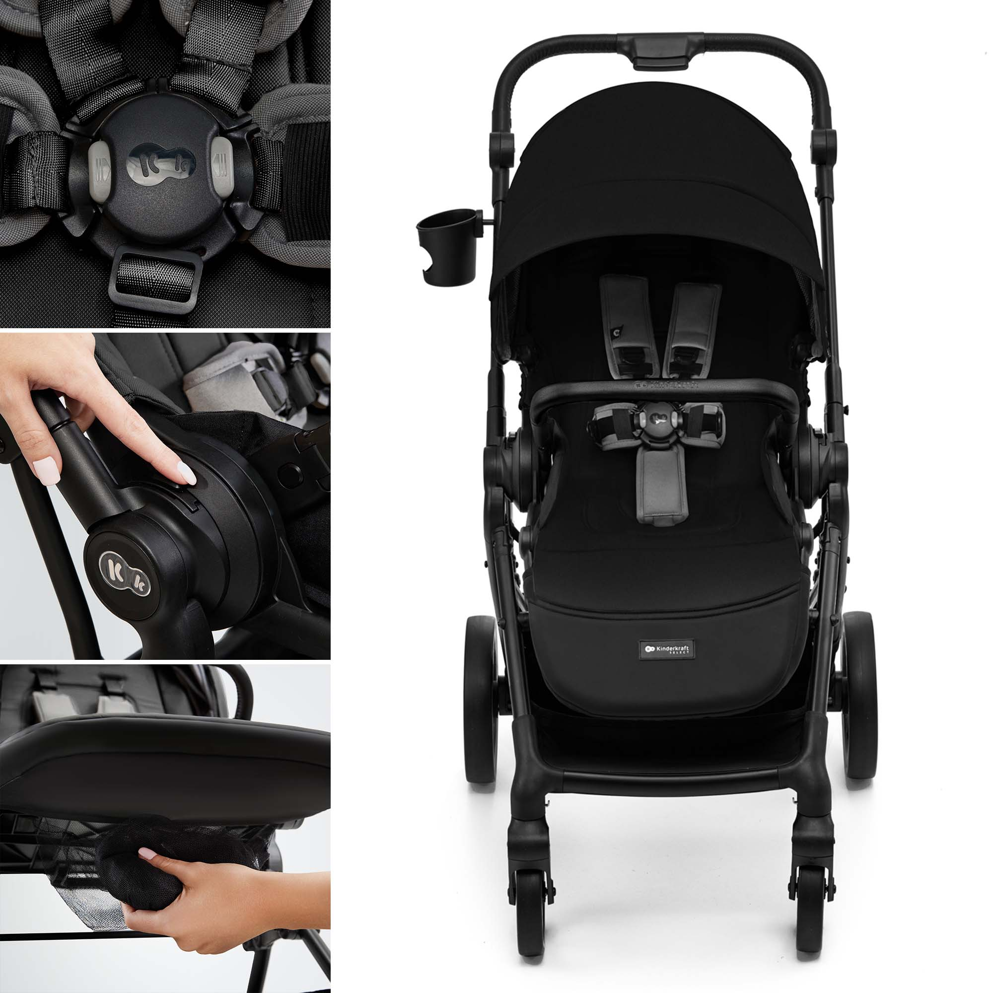 Schwarzer Kinderwagen mit verstellbarem Griff und Sonnendach.