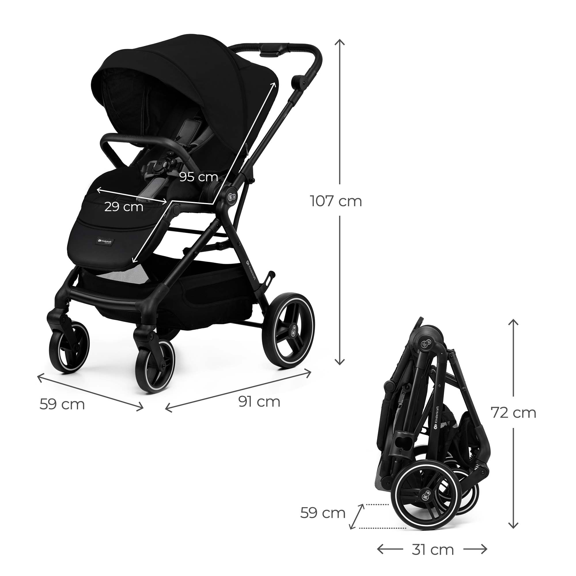 Ein schwarzer Kinderwagen in voller Größe und zusammengeklappt mit Maßen.