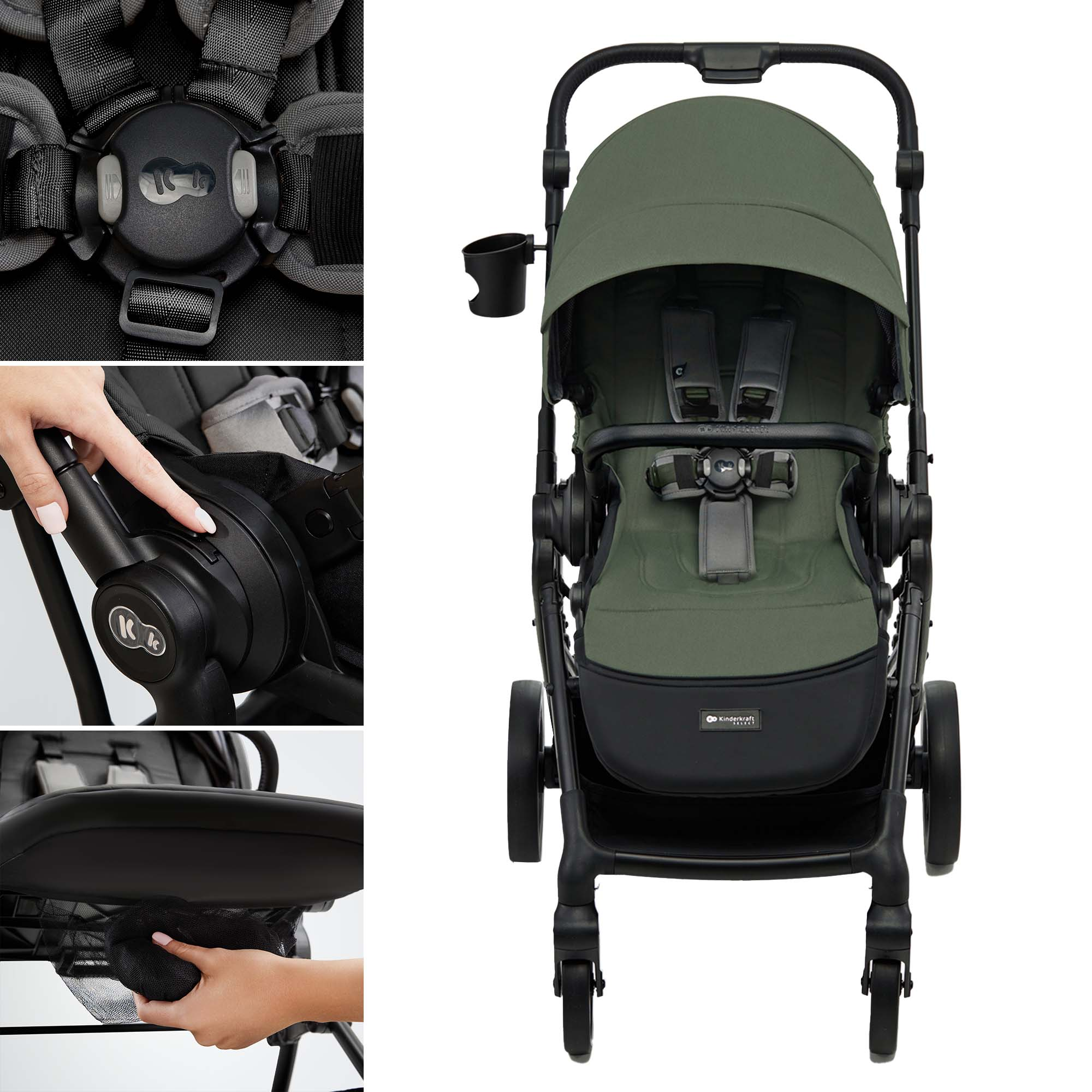 Ein grüner Kinderwagen mit schwarzen Rädern, Gurten und Becherhalter.