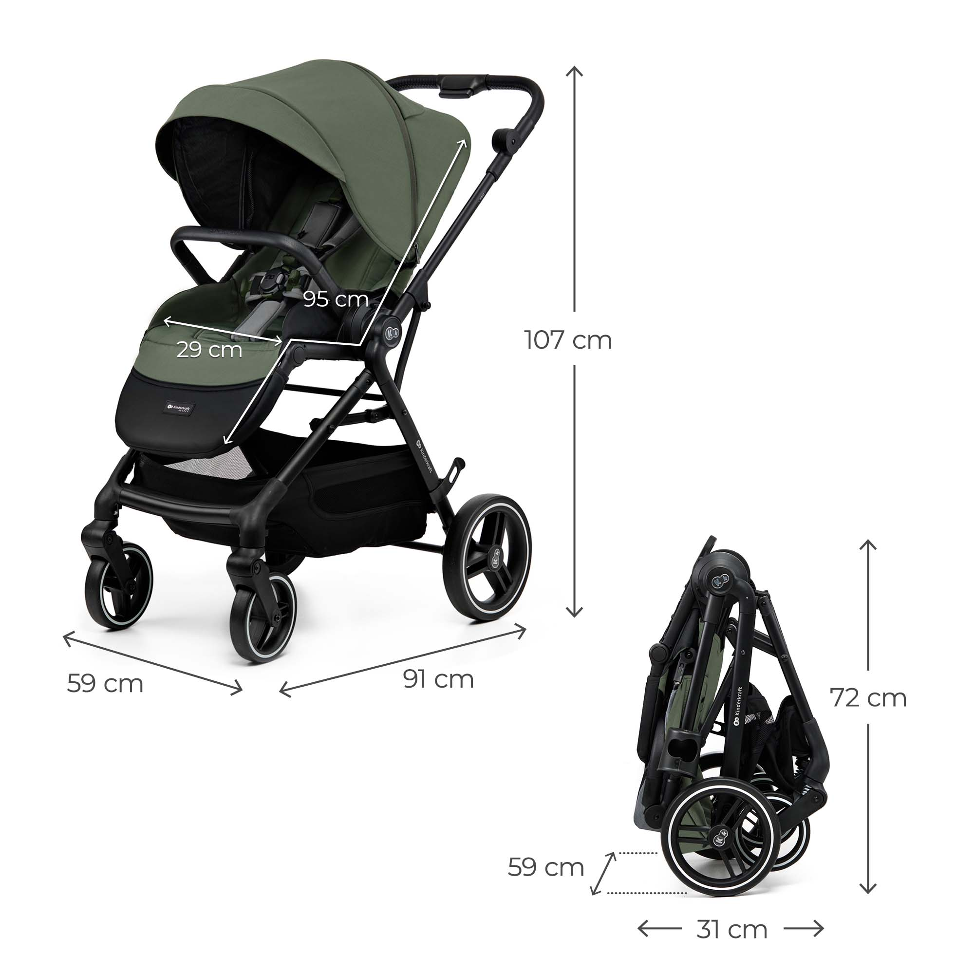 Grüner Kinderwagen, geöffnet und zusammengeklappt, mit Maßen.