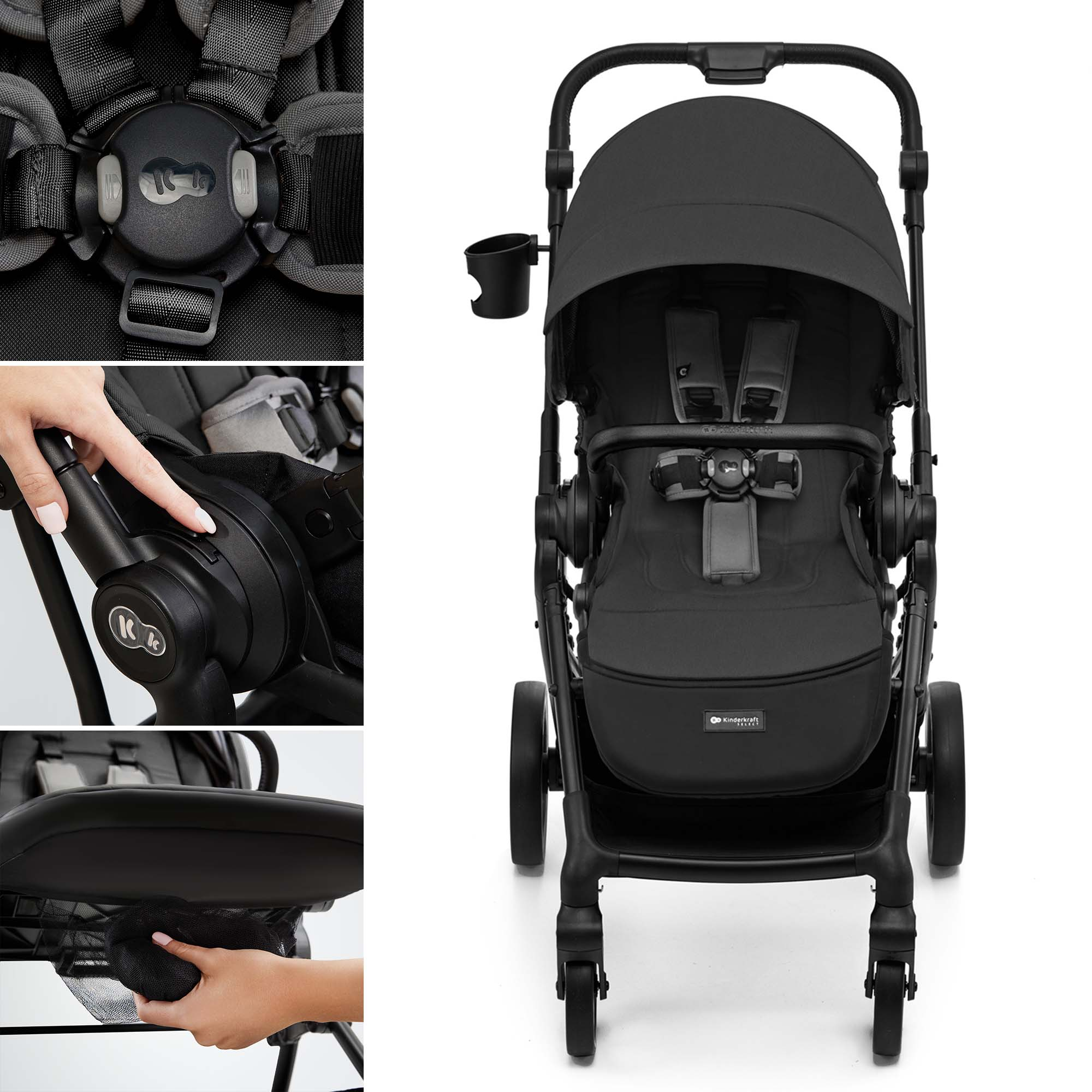 Ein schwarzer Kinderwagen mit Sitzgurt, Verdeck, Becherhalter und Details.