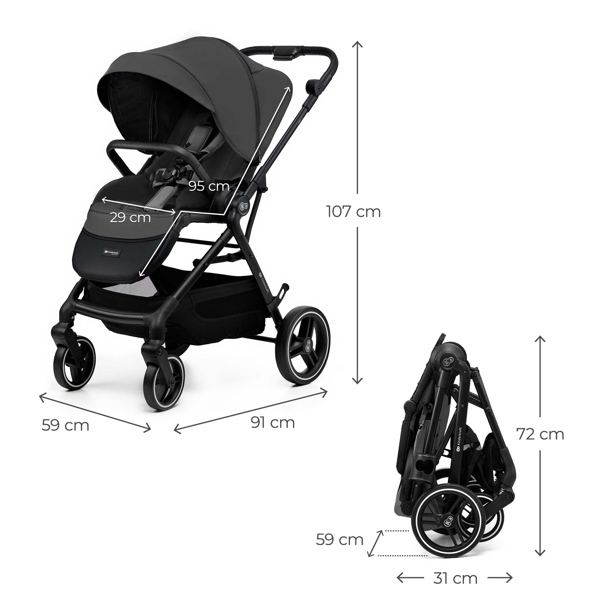 Ein schwarzer Kinderwagen, geöffnet und zusammengeklappt, mit Maßen.