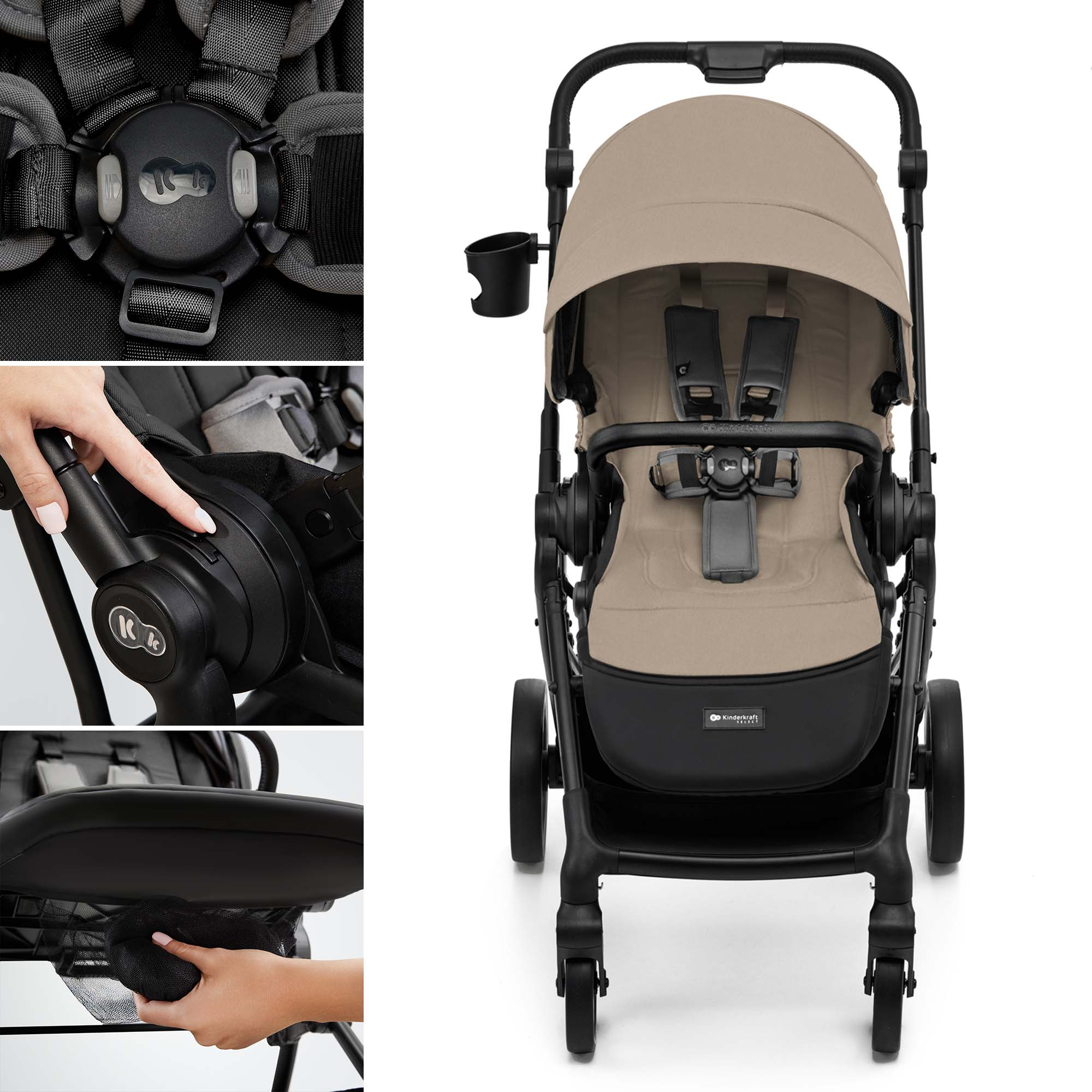 Ein beiger Kinderwagen mit schwarzen Details und einem Getränkehalter.