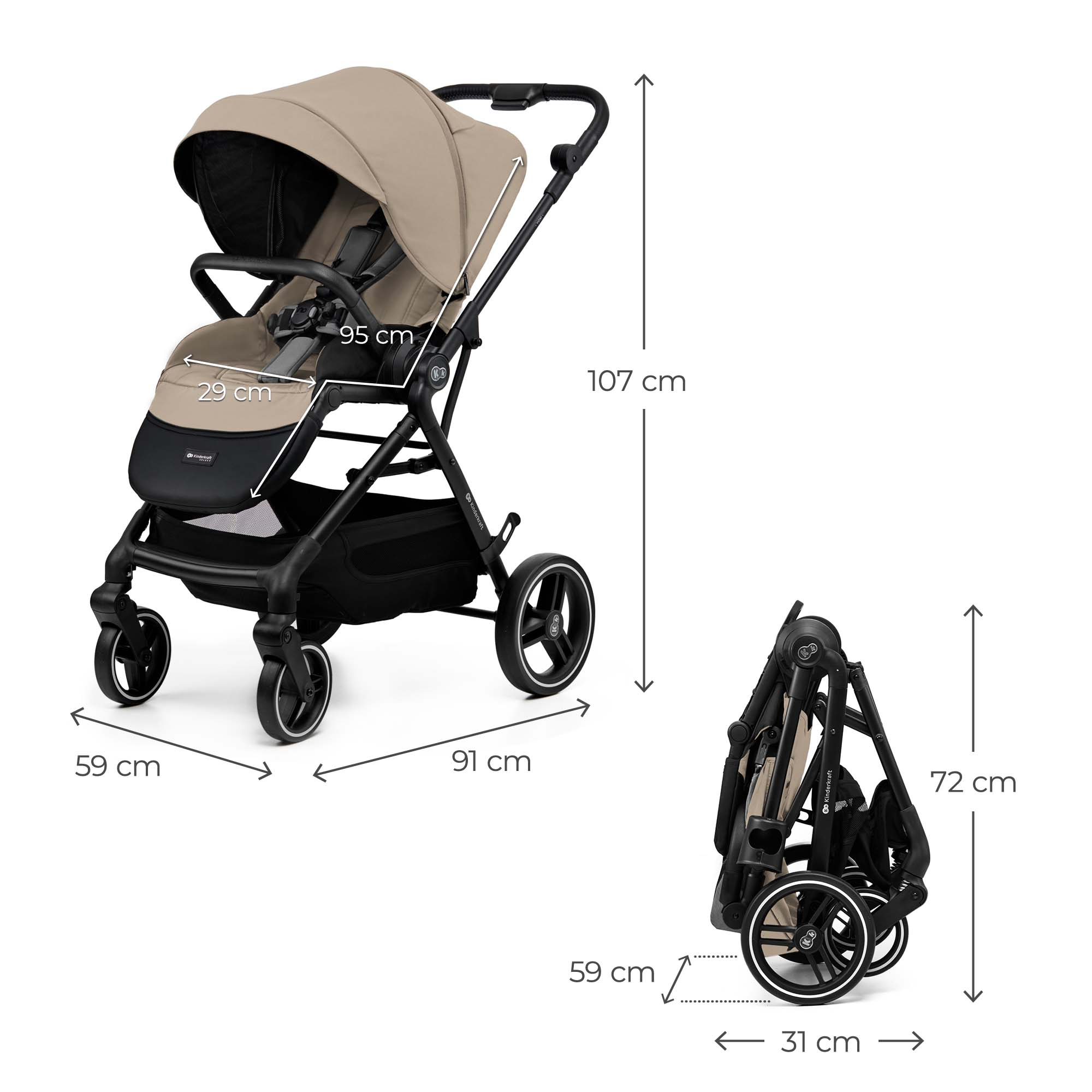 Ein beige Kinderwagen in voller Größe und zusammengeklappt mit Maßen.