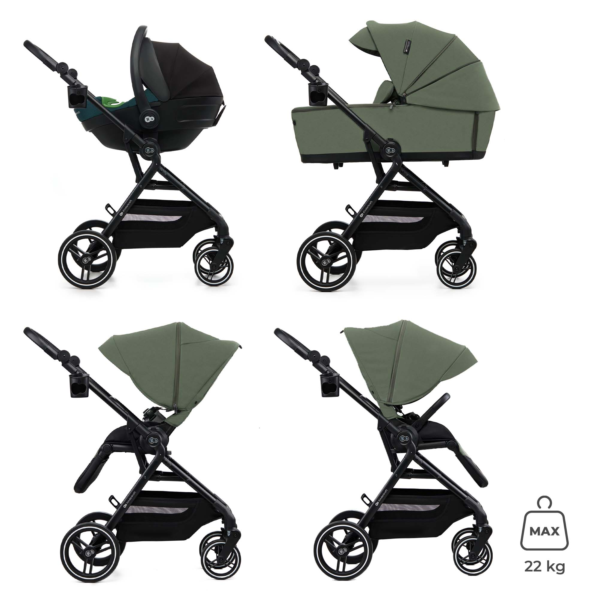 Vier Ansichten eines Kinderwagens mit Babywanne, Autositz und Sitz.