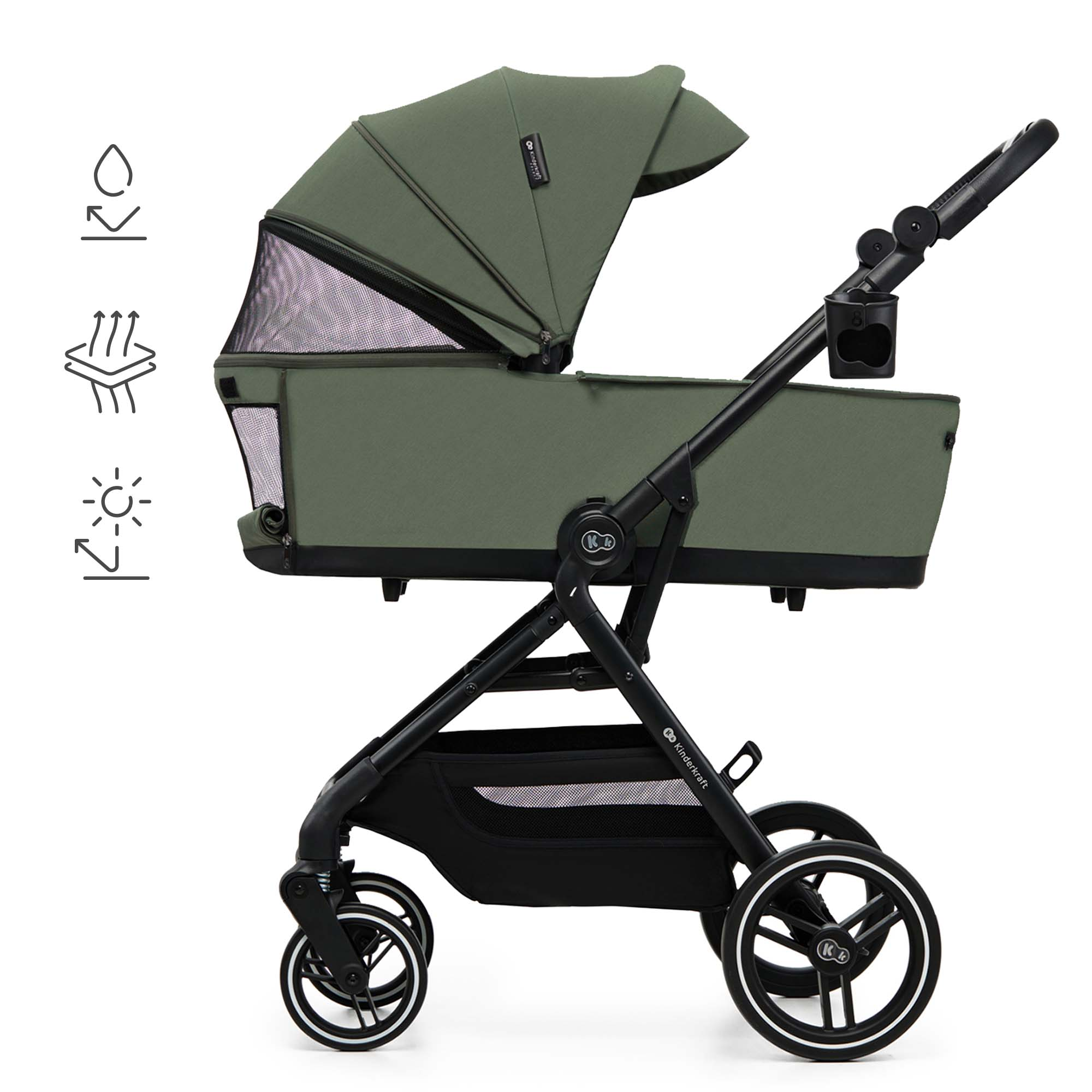 Ein grüner Kinderwagen mit schwarzem Rahmen, Verdeck und Rädern.