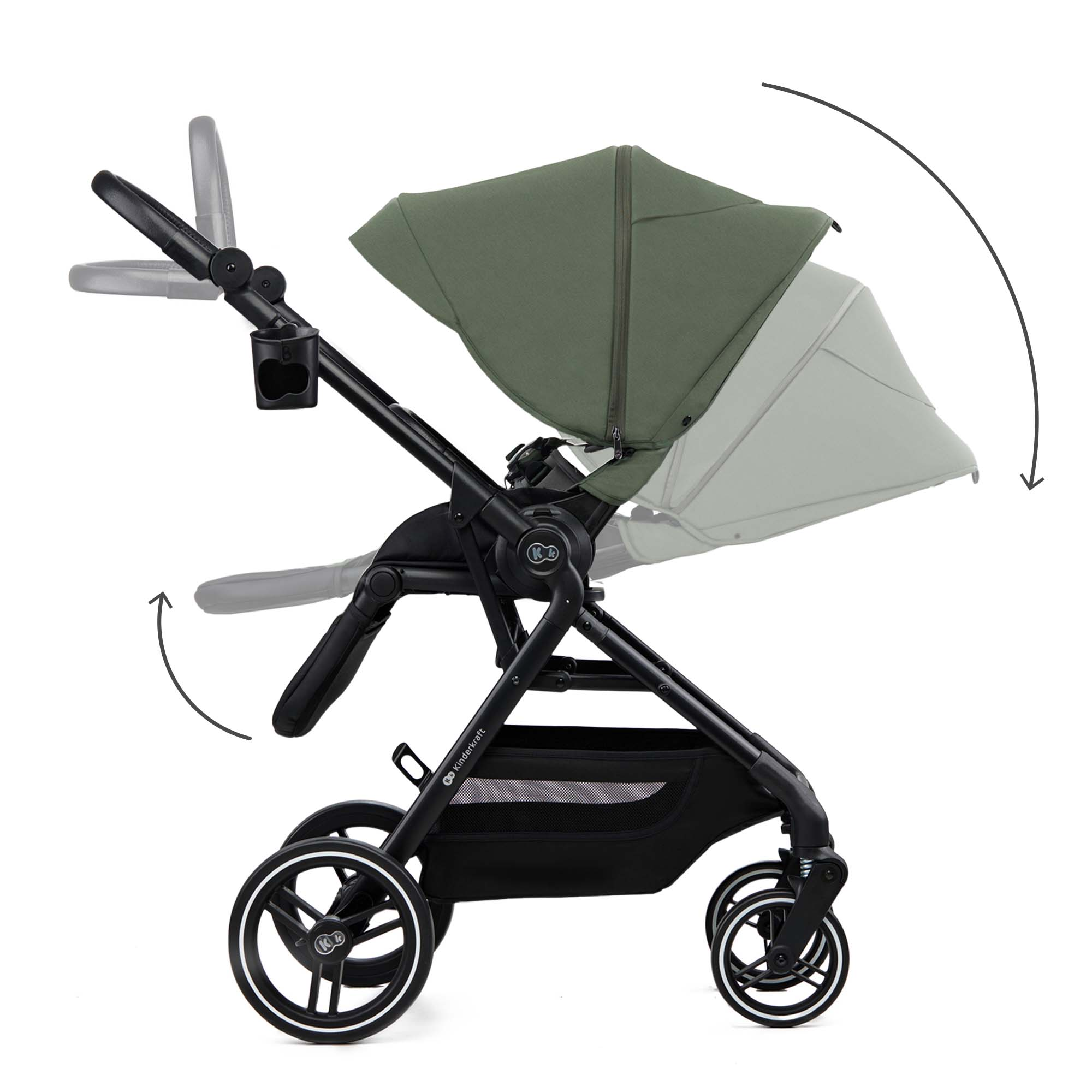 Ein Kinderwagen mit verstellbarem Verdeck und Griff, auf weißem Hintergrund.