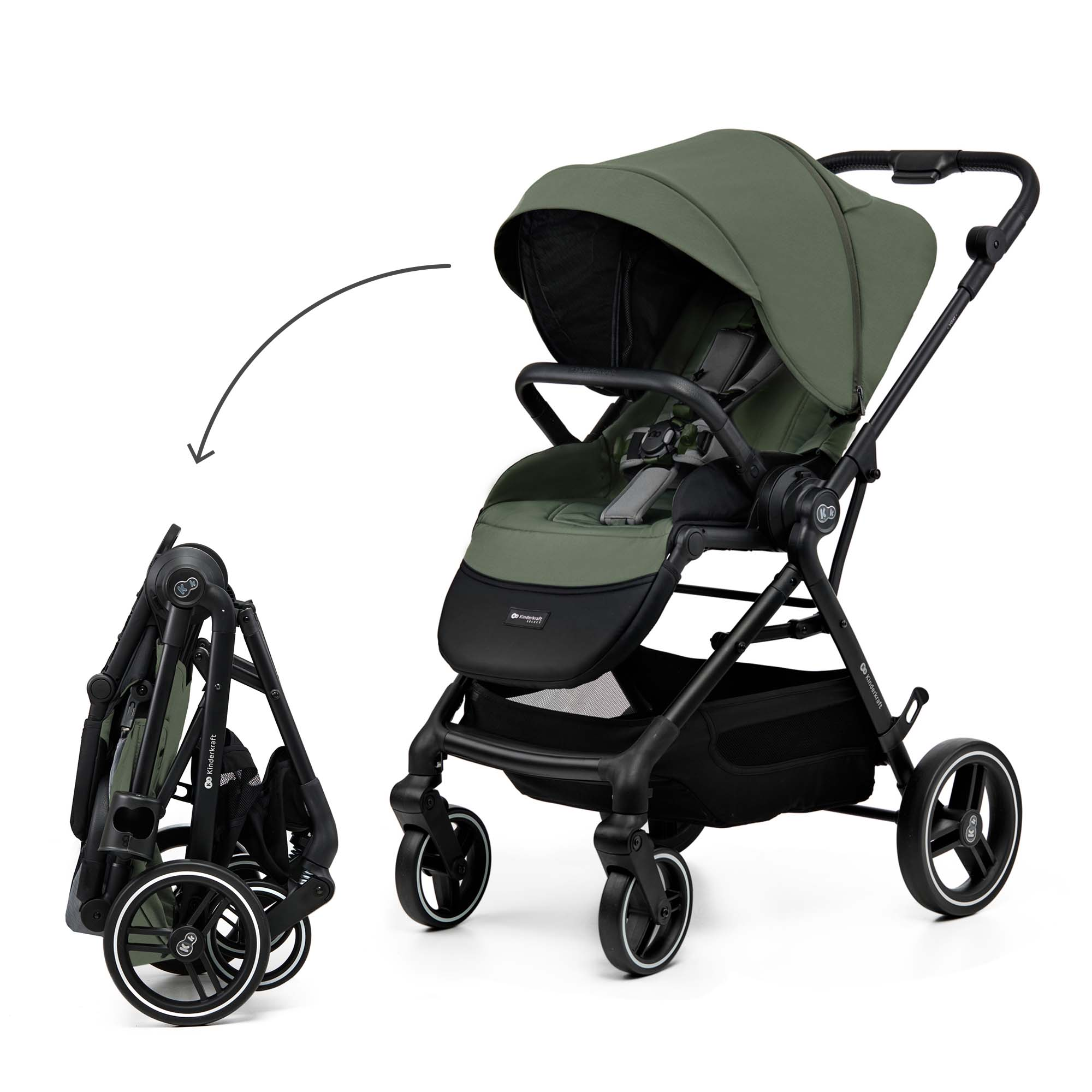 Ein grüner Kinderwagen in voller Größe und zusammengeklappt daneben.