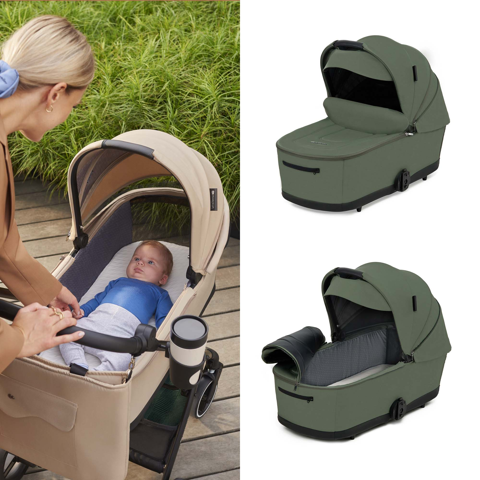 Eine Frau schaut auf ein Baby im Kinderwagen. Daneben zwei grüne Babywannen.