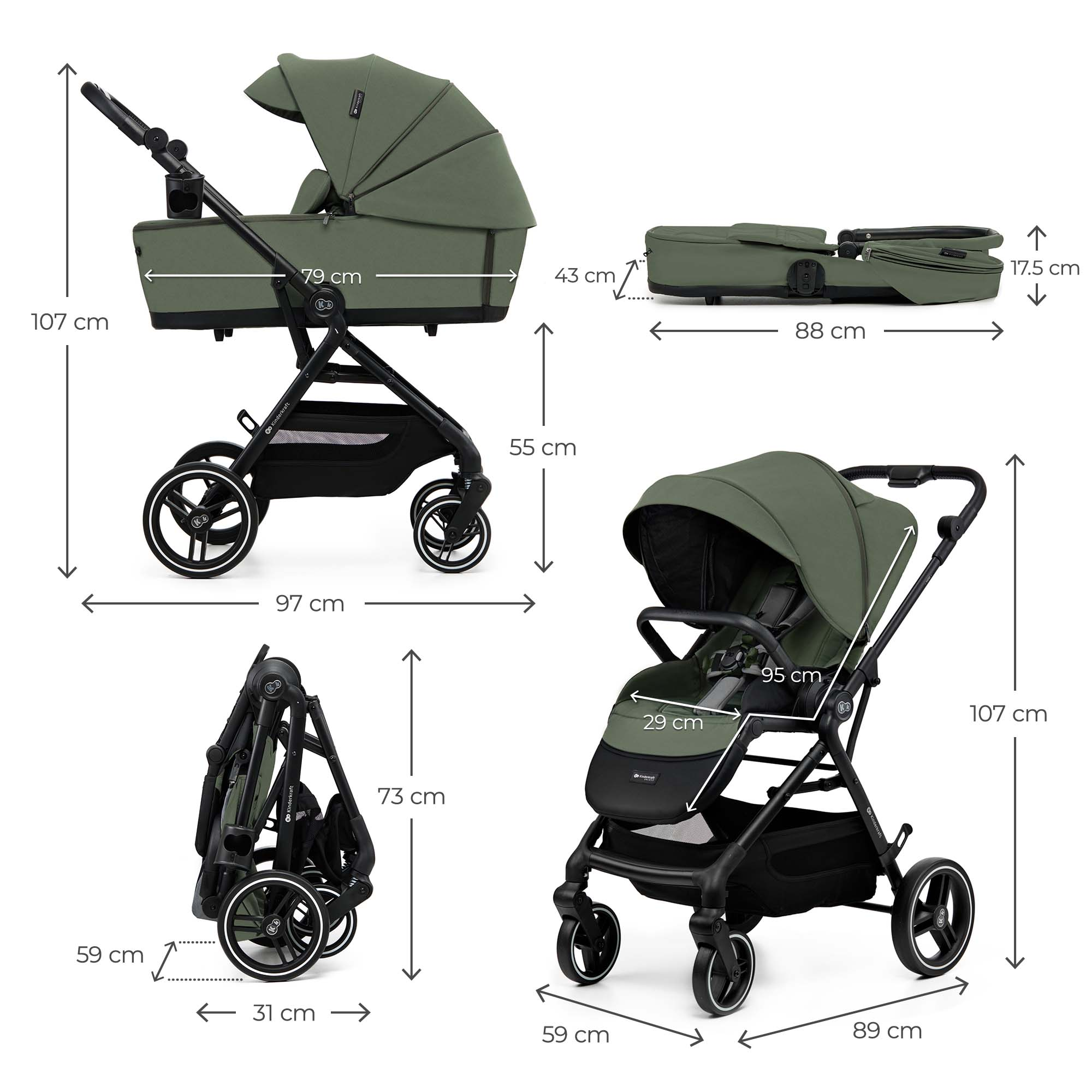 Grüner Kinderwagen mit Maßen und Ansichten in verschiedenen Positionen.
