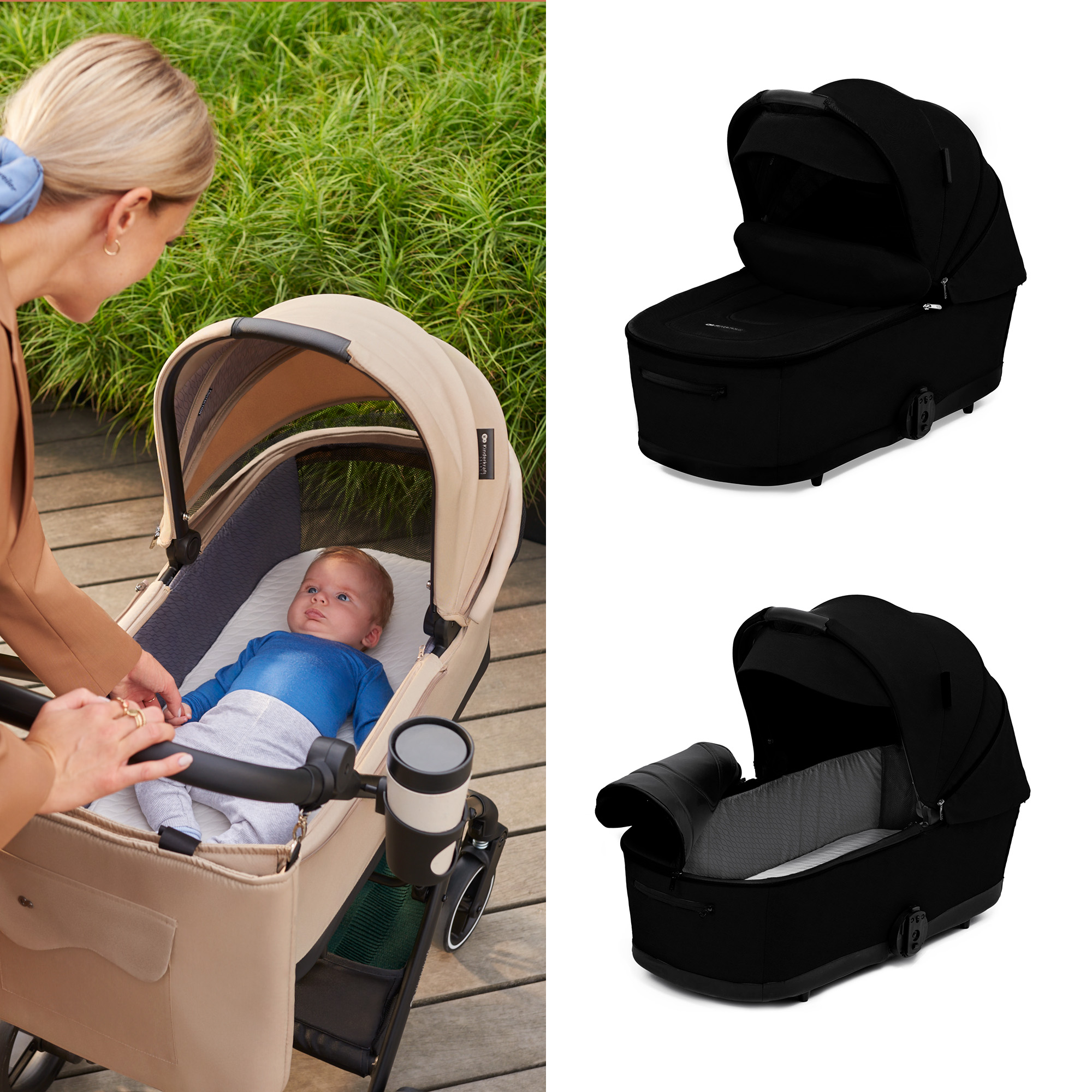 Beige Kinderwagen mit Baby neben Frau, zwei schwarze Babywannen.