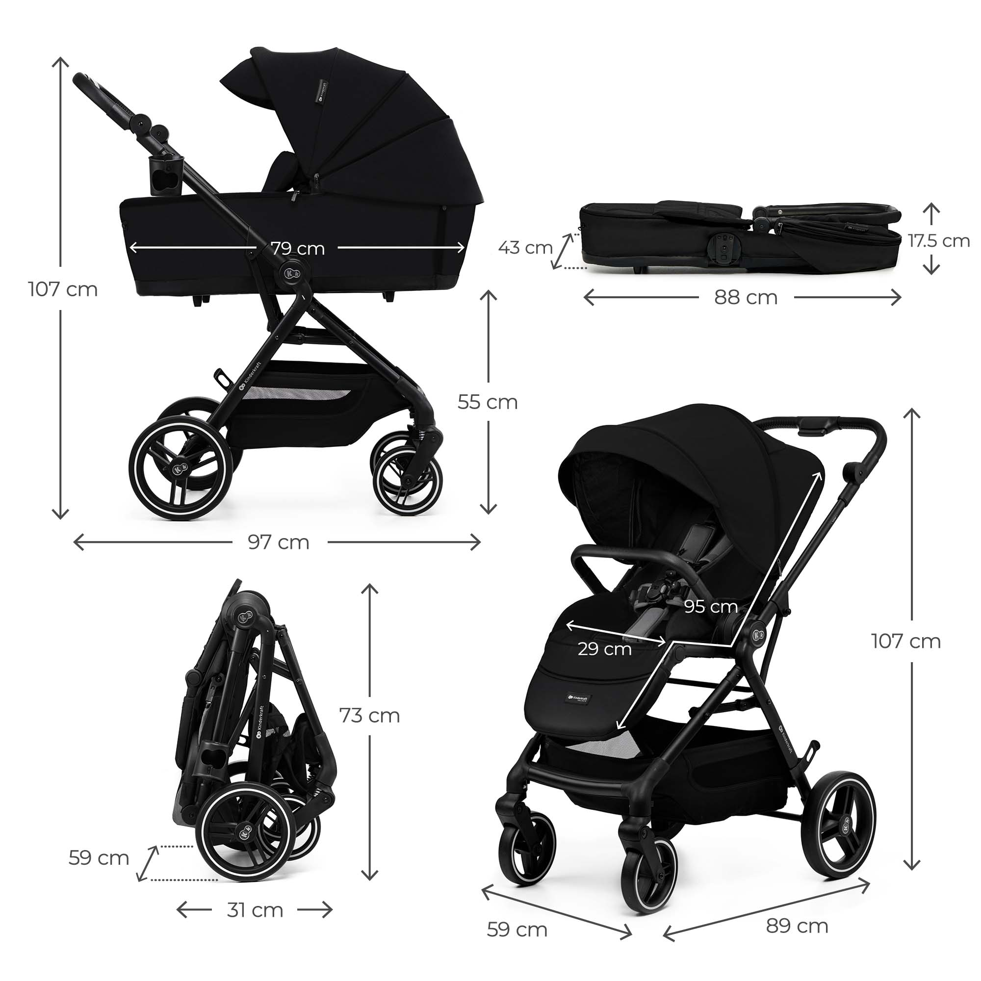 Ein schwarzer Kinderwagen mit Maßen: 107x97x55cm (aufgeklappt), 88x43x17.5cm (gefaltet).