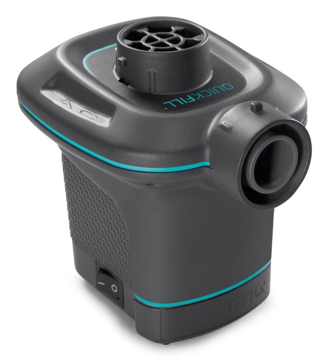 Ein schwarzer Luftpumpenadapter mit blauem Akzent und Schalter.