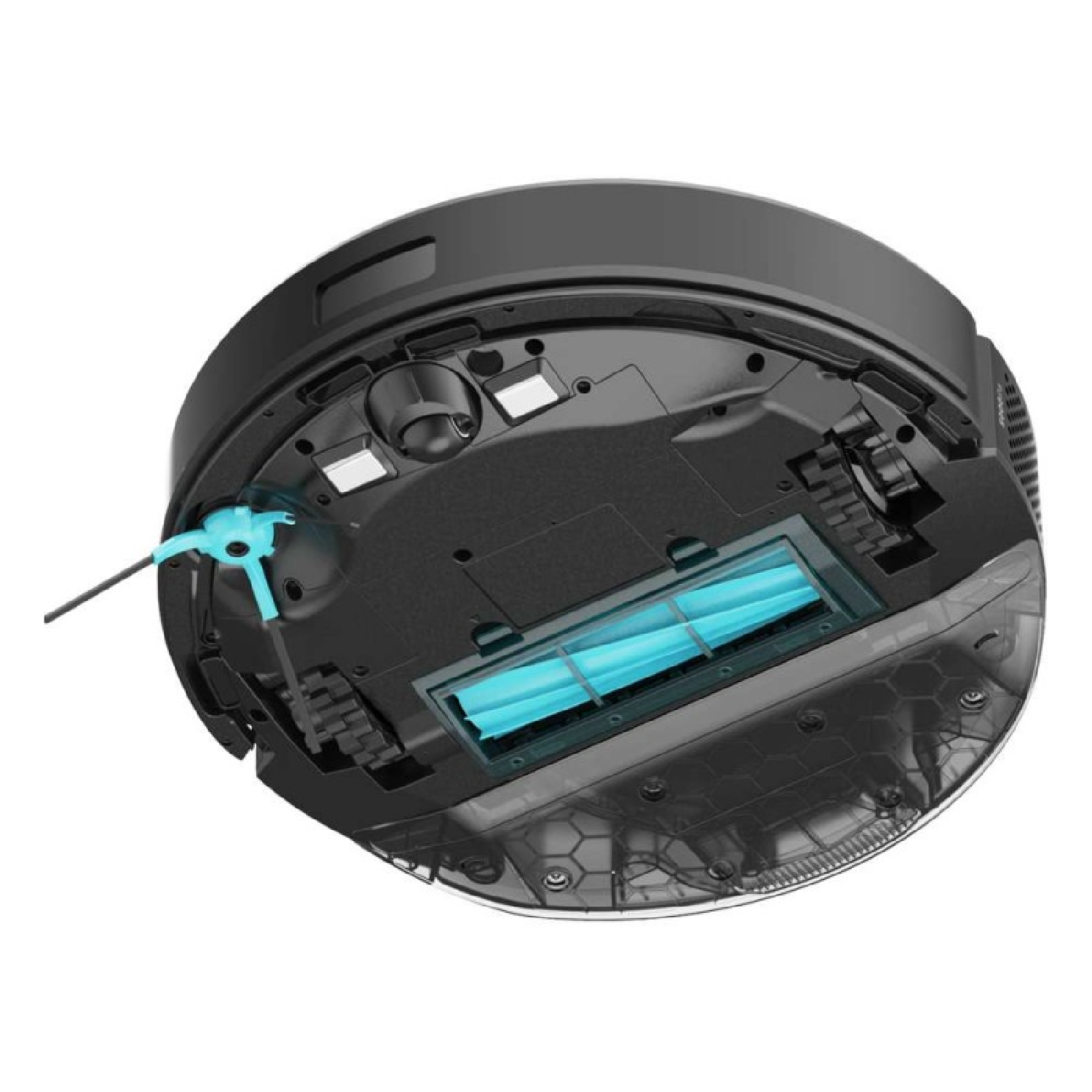 Parte inferiore di un robot aspirapolvere nero con rullo spazzola blu e spazzola laterale.