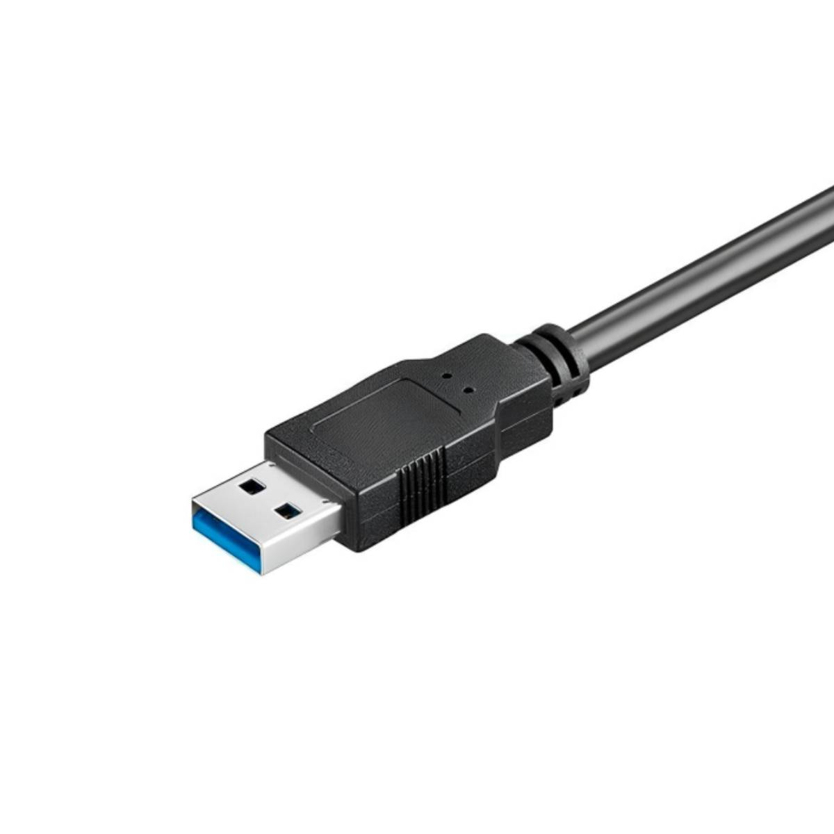 Ein schwarzes USB 3.0 Kabel mit blauem Stecker auf weißem Hintergrund.