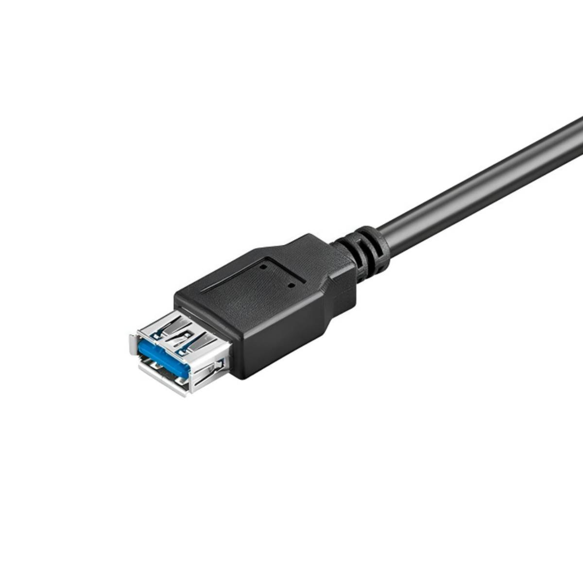 Ein schwarzes USB-Kabel mit einem blauen USB 3.0-Anschluss.