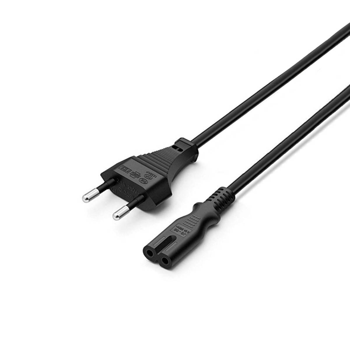 Un cavo di alimentazione nero con spina europea e connettore C7.
