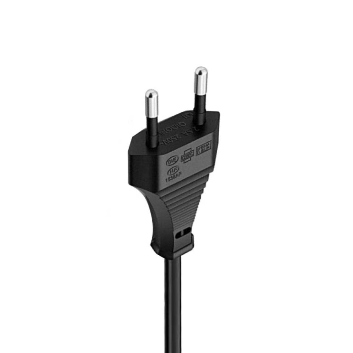 Spina nera con due pin rotondi e cavo. Etichettata 2.5A 250V.