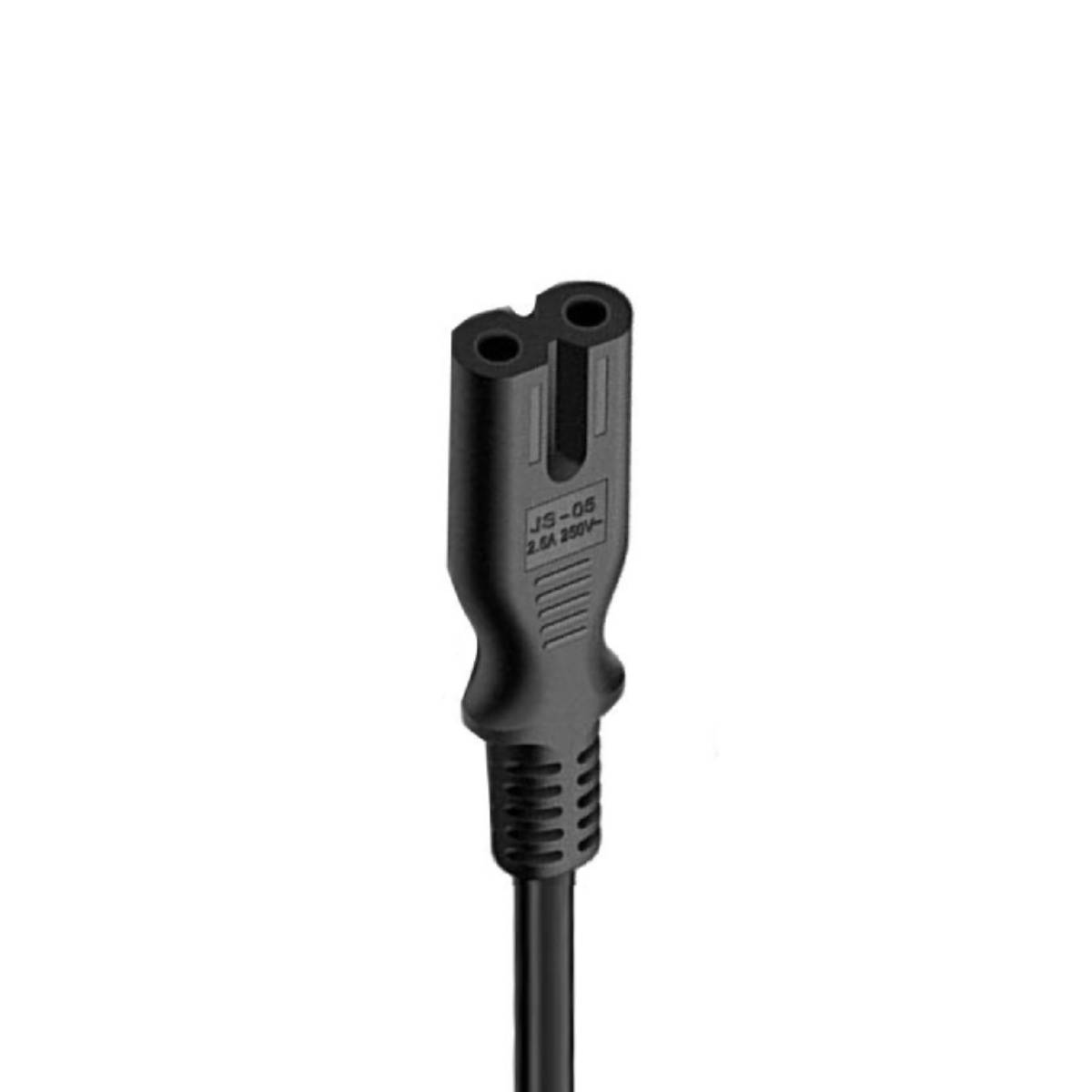 Spina di alimentazione nera con due pin rotondi, contrassegnata JS-05 2.5A 250V.
