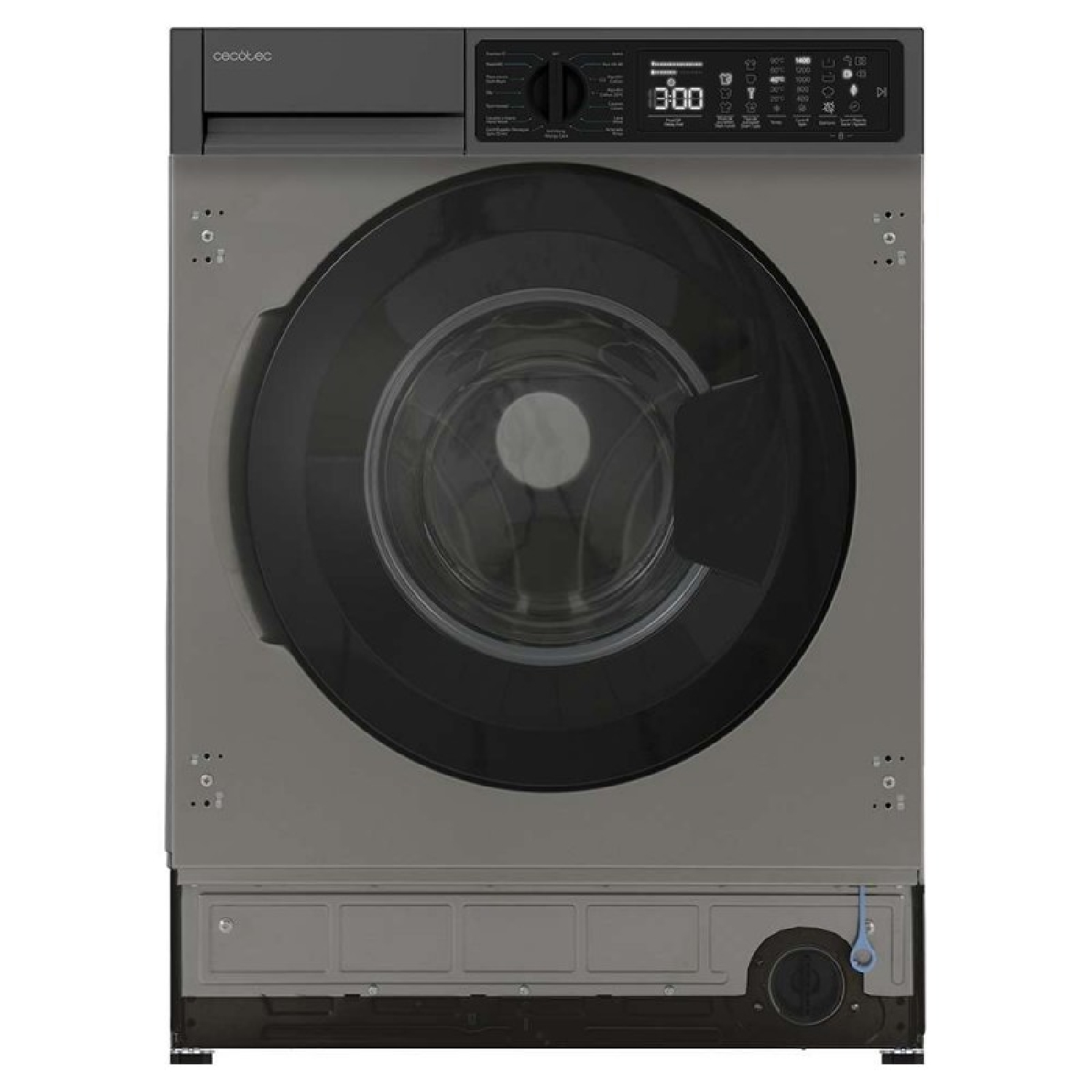 Lavadora gris con puerta y panel de control negros.
