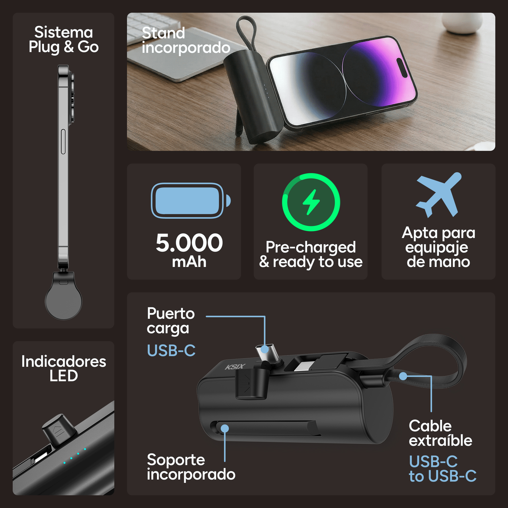Un cargador negro con soporte integrado, cargando un smartphone.