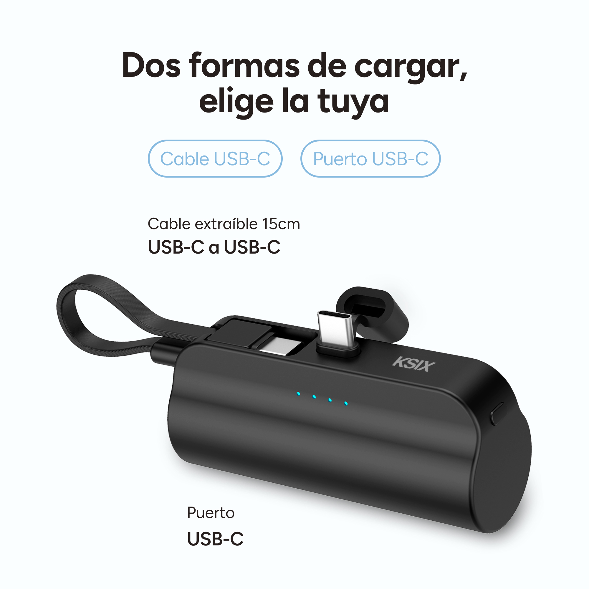 Cargador KSIX negro con cable y puertos USB-C, con cuatro LEDs azules.