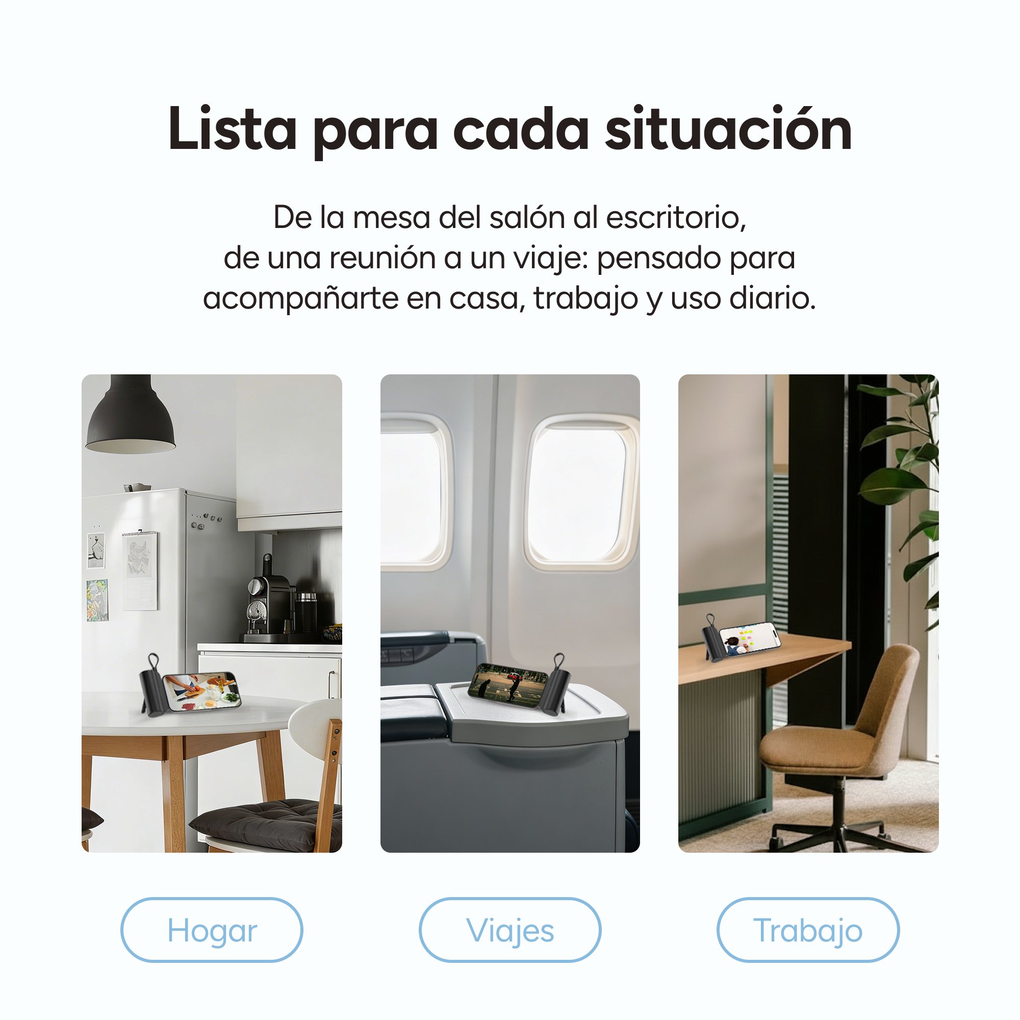 Tres escenarios: Hogar, Viajes, Trabajo. Soporte para móvil en cada escena.