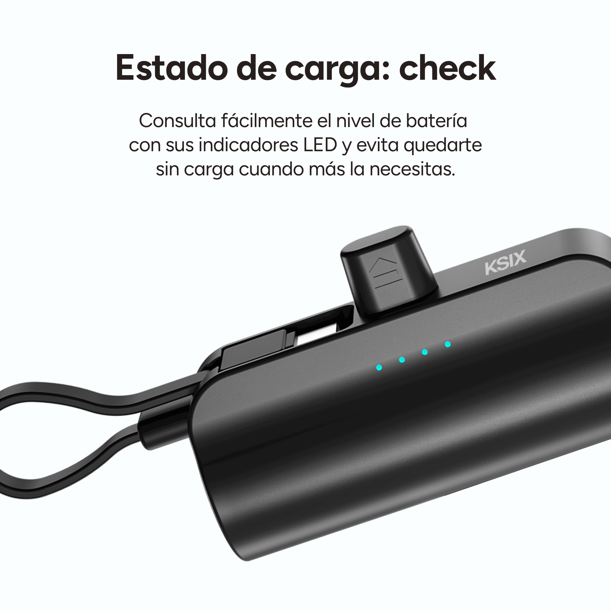 Dispositivo KSIX negro con indicadores LED azules y cordón negro.