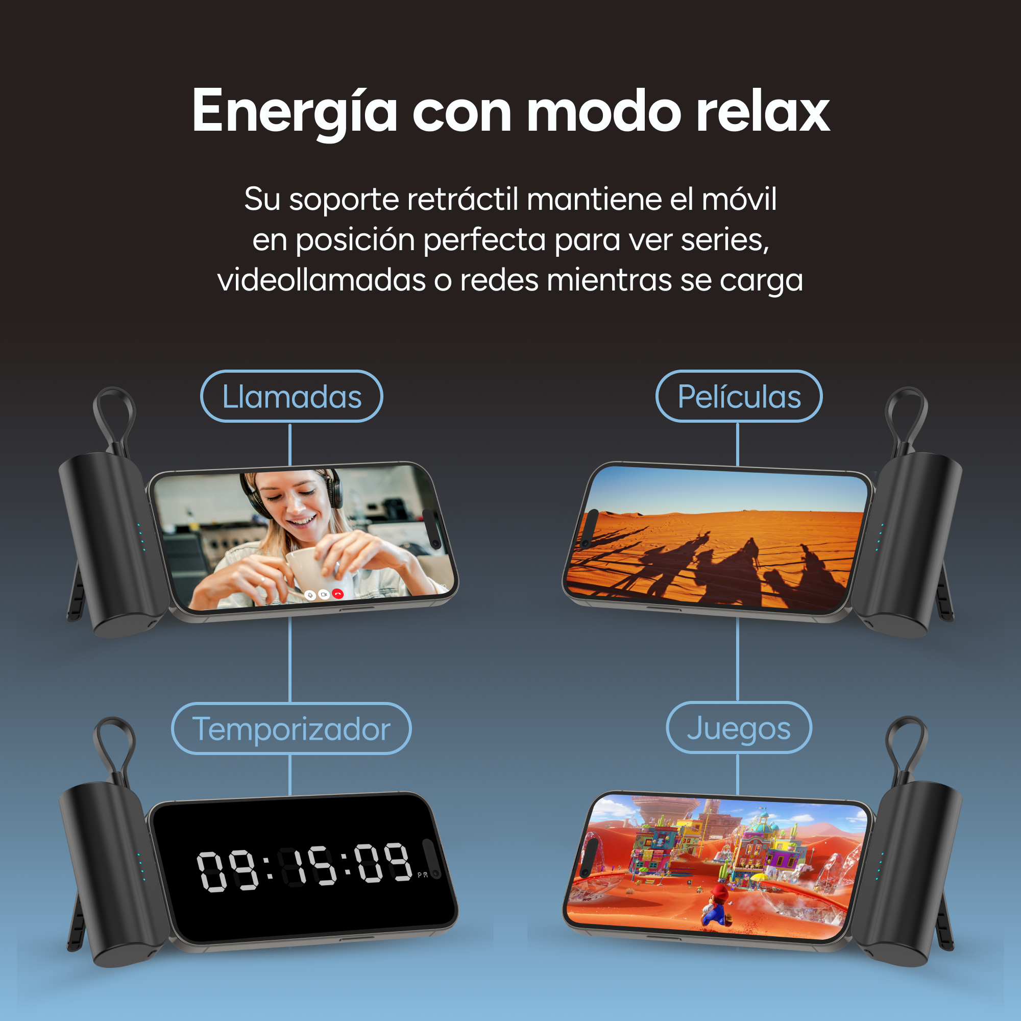 Un cargador negro soporta cuatro teléfonos: videollamada, desierto, reloj, juego.