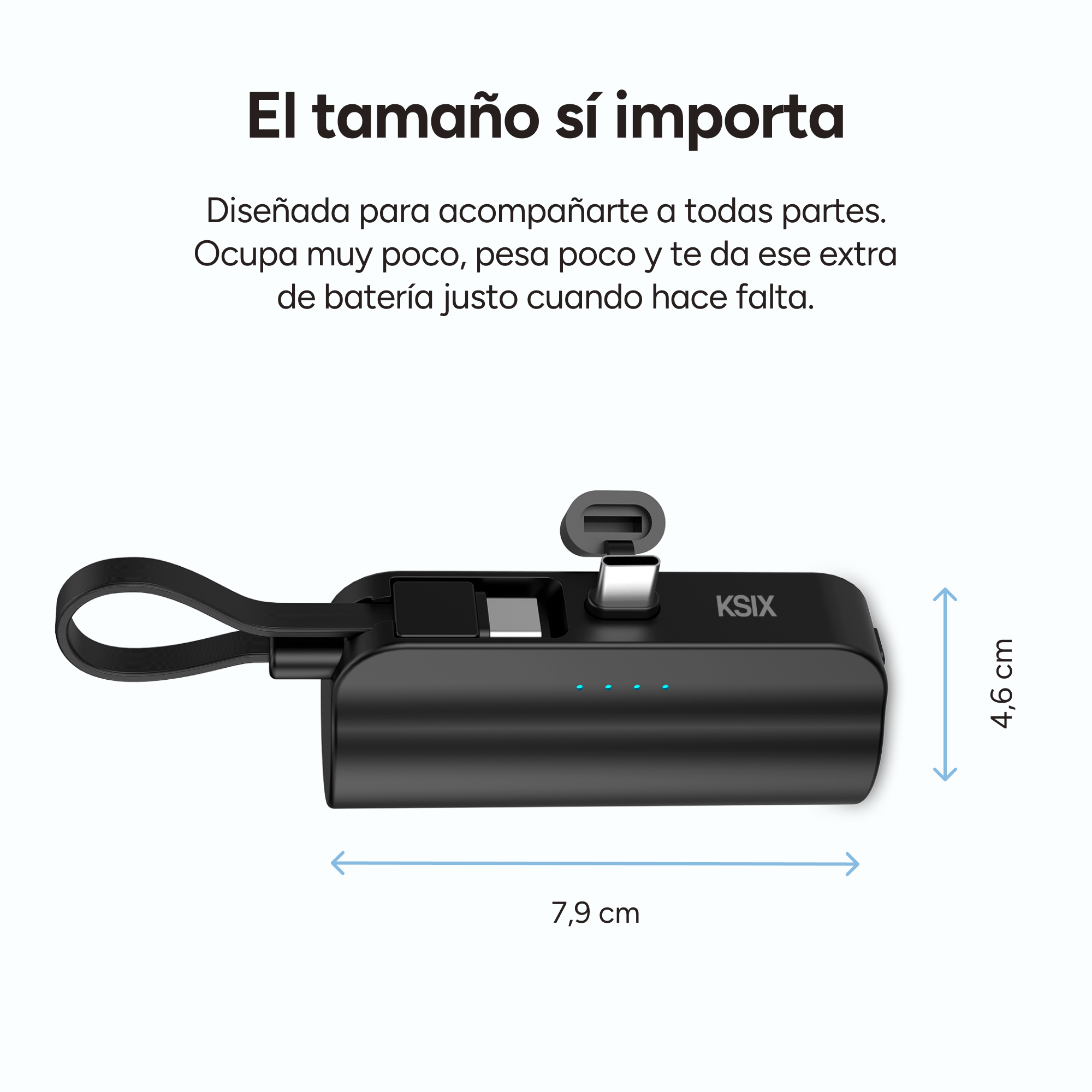 Una power bank KSIX negra con puerto USB-C, 7,9 cm de largo.