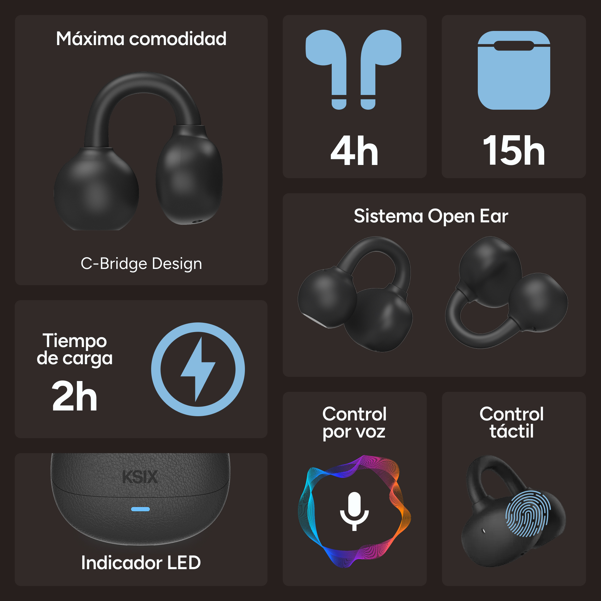 Auriculares negros con estuche de carga, duración de batería y controles.
