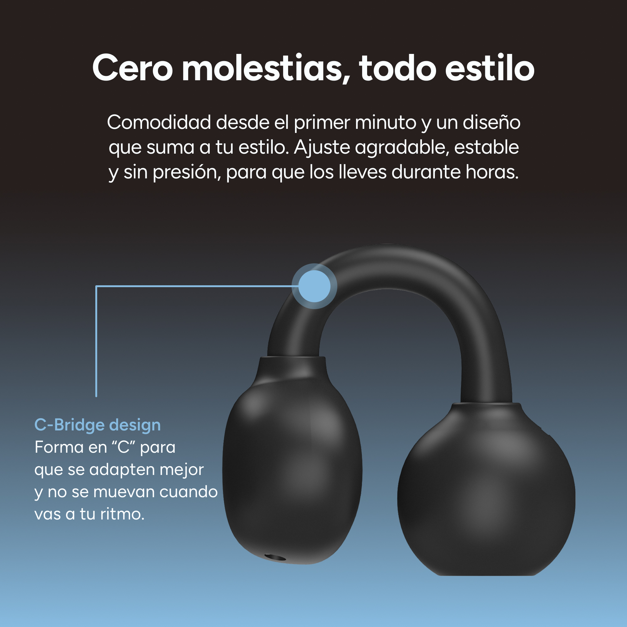Auriculares negros con diseño C-Bridge y acento azul.