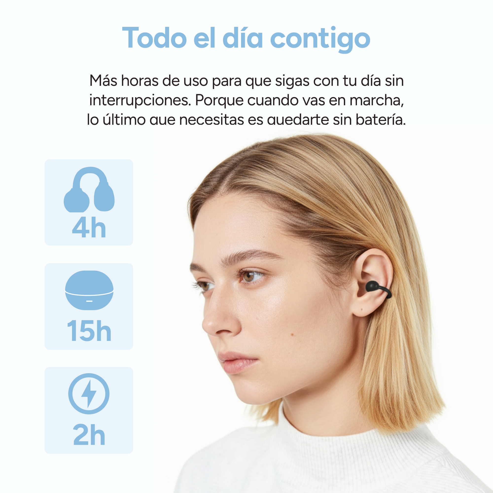 Una mujer lleva auriculares. Los iconos muestran 4h, 15h y 2h.